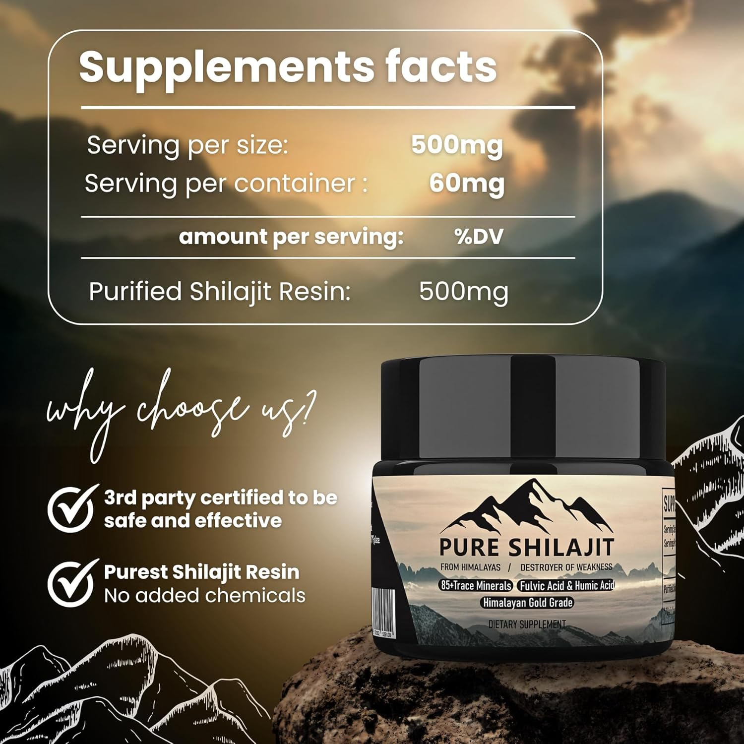 Pure Shilajit Himilayan Resin, Organic Natural Supplement with 85+ Trace Minerals + Humic Acid | High Potency Providing Energy, Strength & Immunity | Golden Grade a for Men and Women image number 6