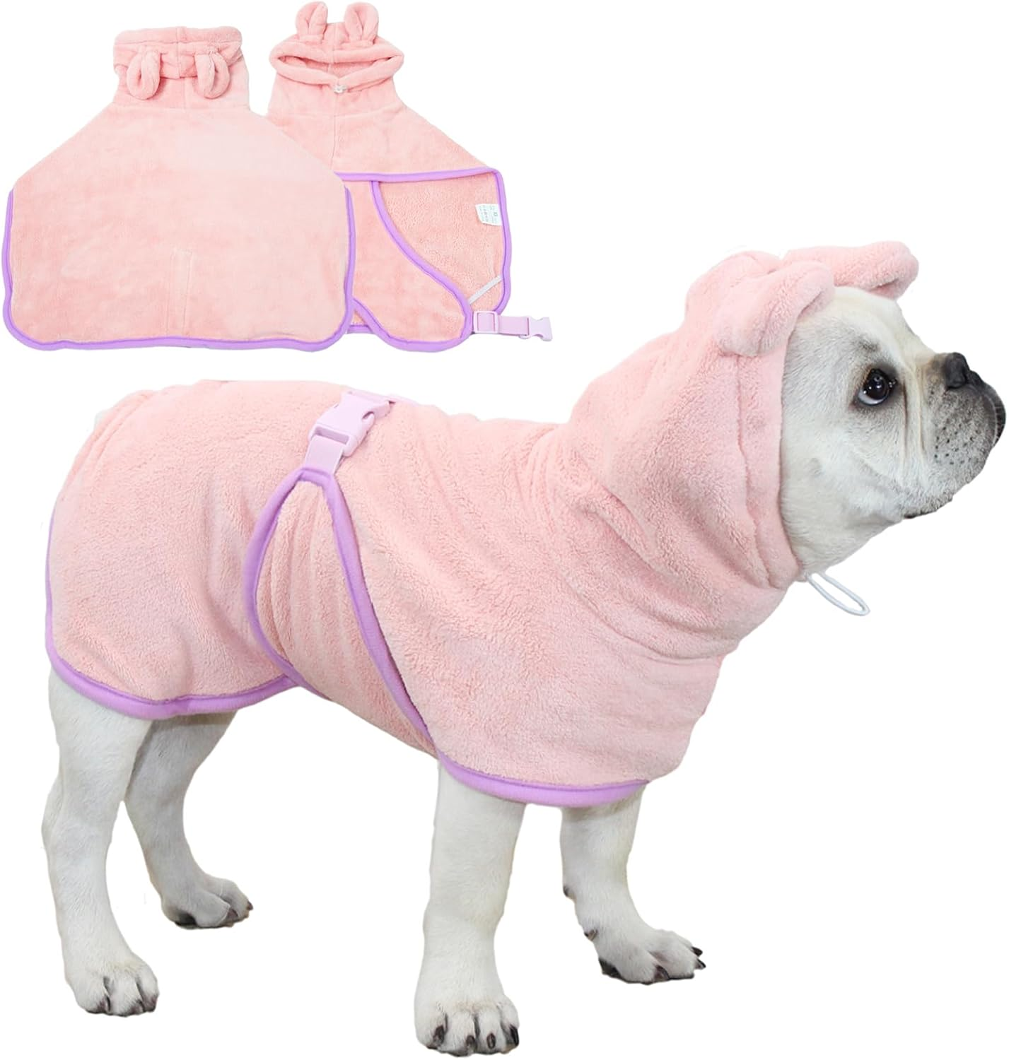 Fnaobai Pet Bathrobe for Dog Cat Absorbently Quick Drying Coat Cute Dogs Bath Towel Hooded Robe Adjustable Collar & Belly Strap for Pool Beach (Pink, XS)