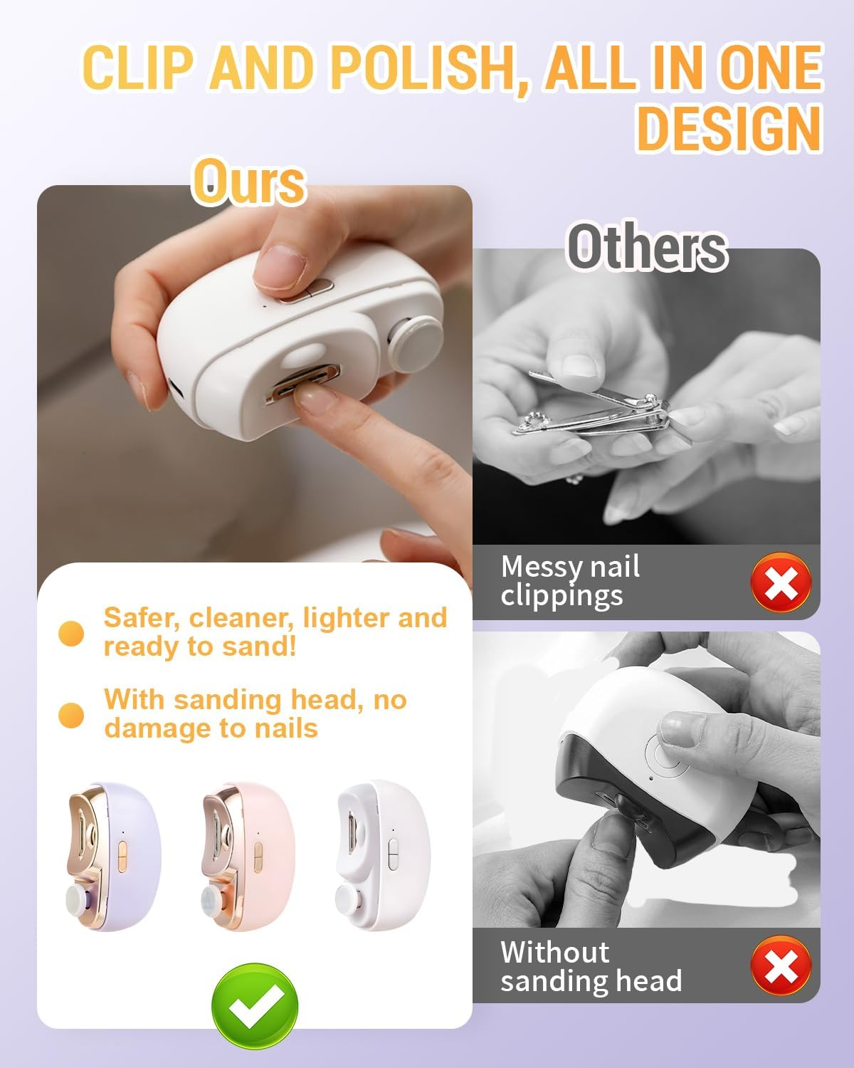 3 in 1 Automatic Electric Nail Clipper with Polishing, 2025 New Electric Nail Trimmer for Baby Adult Seniors, Electric Nail Clippers Nail File with Light Clip Storage 2 Speeds (Purple) image number 6