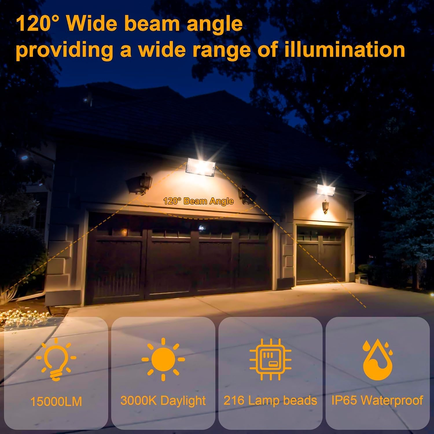 2 Pack 150W LED Flood Light 240V, CREATESTAR 15000Lm 3000K Warm White Plug in Flood Light, Outdoor Indoor Floodlight Fixture Landscape Security Floodlights Spotlight for Yard, Garden, Garage, Rooftop image number 2