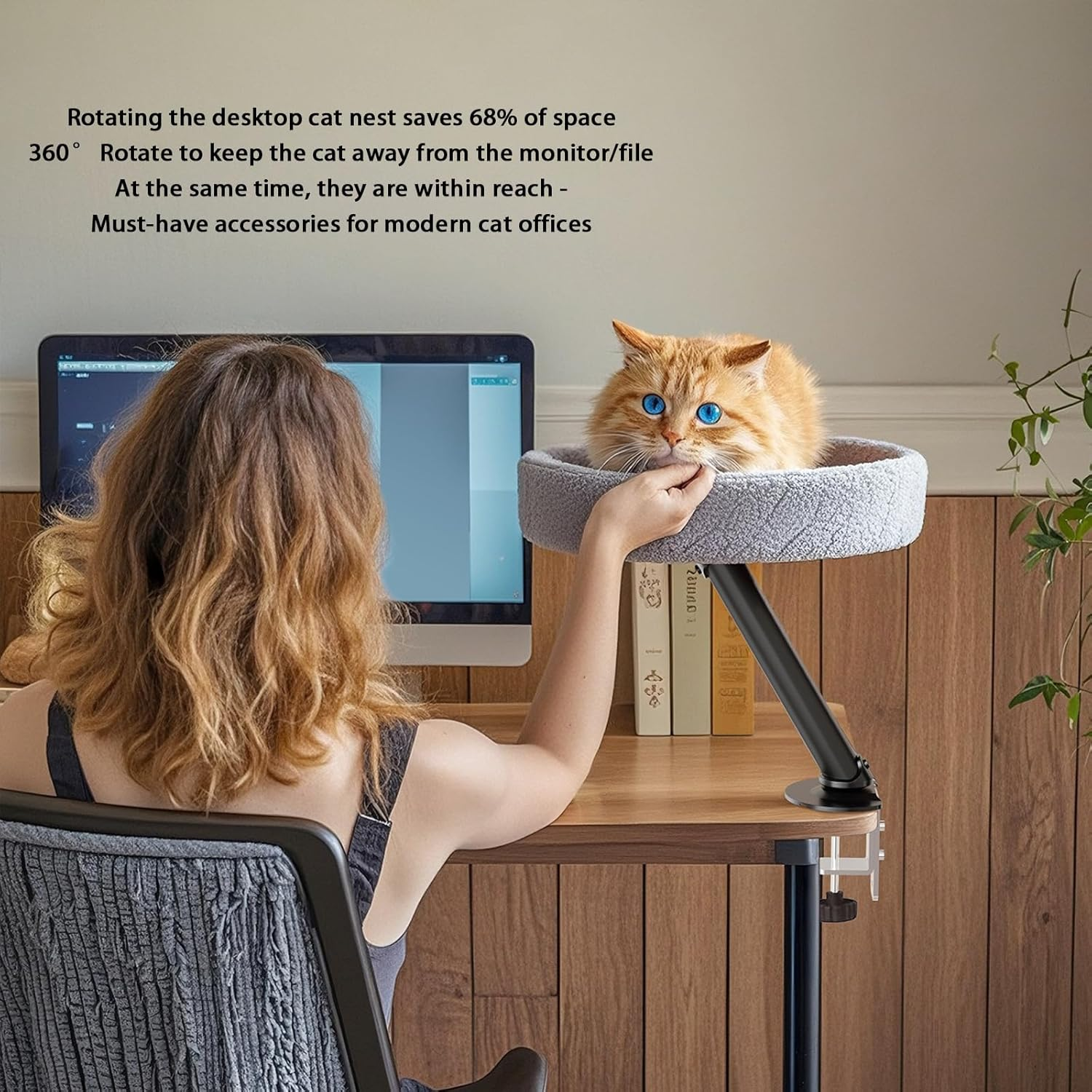 Cat Desk Bed - 360&deg; Rotating & Adjustable, Cat Hammock for Home Office，Comfortable Soft Pet Nest Bed, Modern Unique Kitten Furniture Attachment，Bracket Pet Furniture Light Gray White Stand image number 1