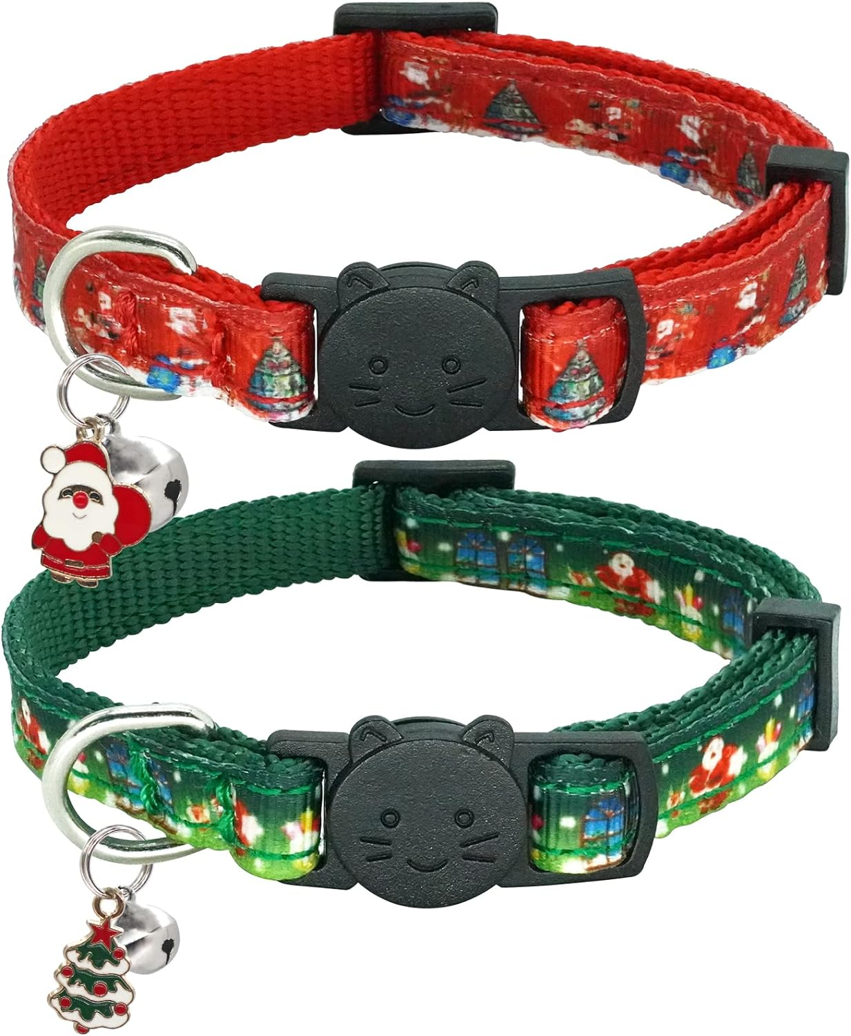 Christmas Cat Collar,2 Pack Breakaway Cat Collar with Bells,Xmas Red and Green