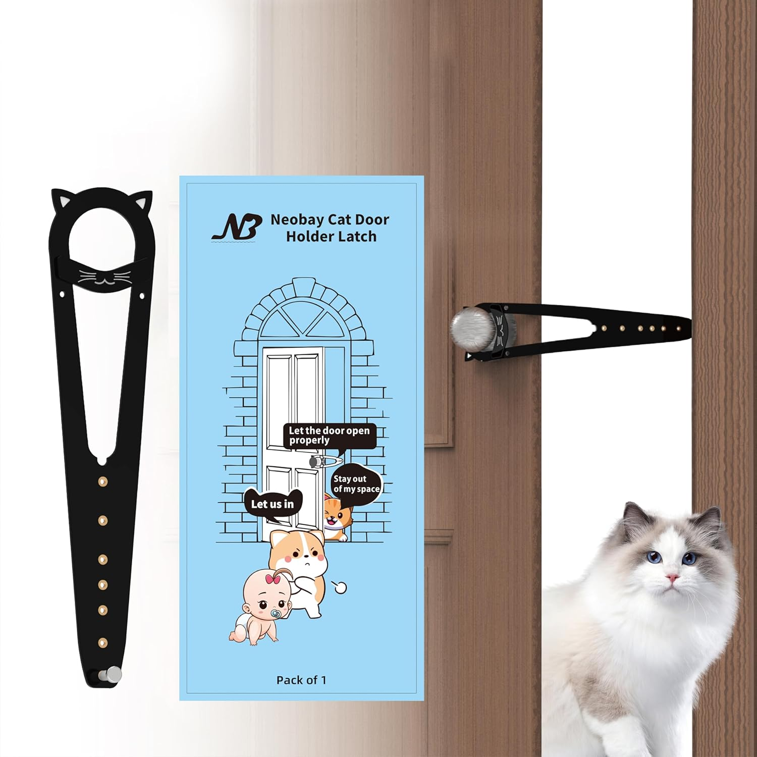 Neobay Cat Door Latch with Stabilizer, 7 Sizes Adjustable Door Prop for Cats to Keep Dog Out of Litter Box, Economical Alternative of Pet Gates and Interior Pet Door, Blcak, 2 Packs
