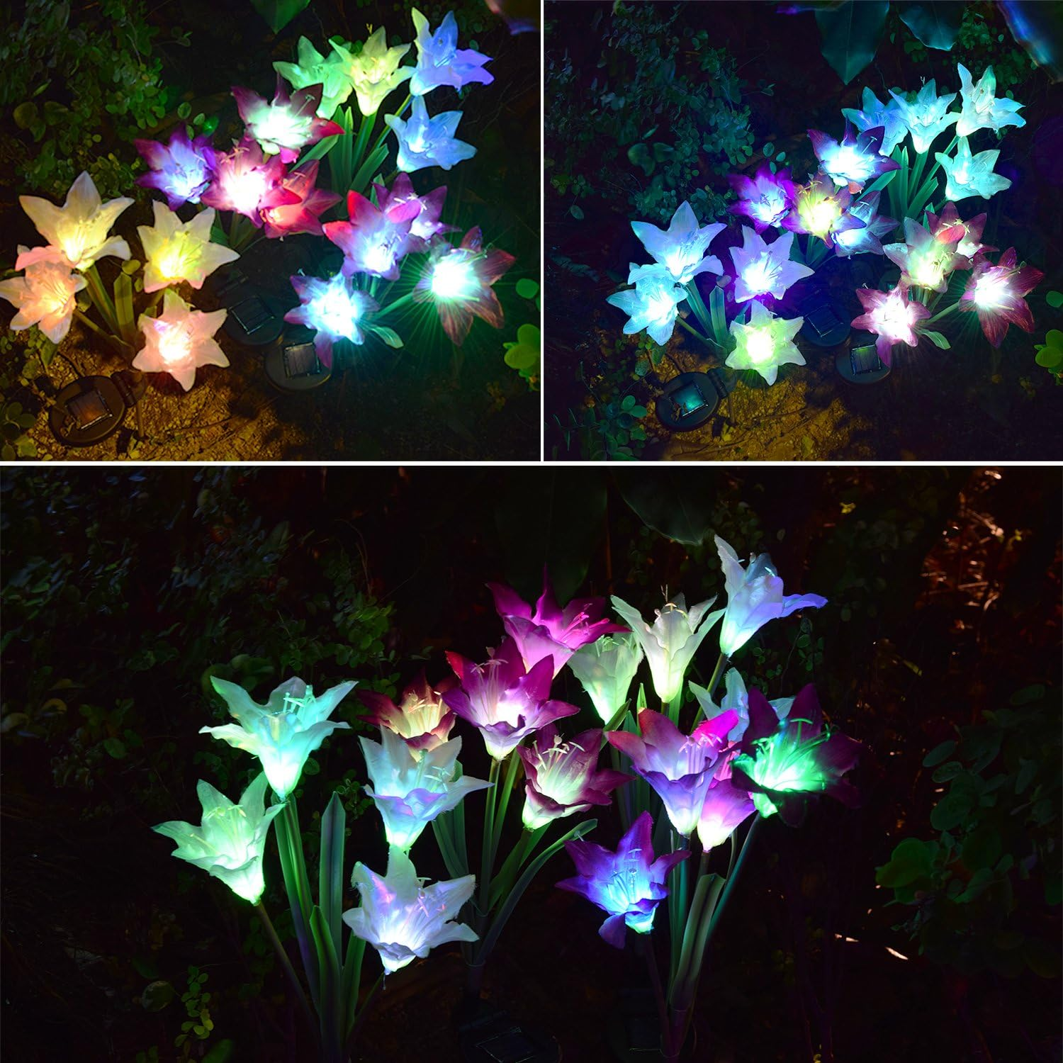 Outdoor Solar Garden Stake Lights - 2 Pack Solar Powered Lights with 8 Lily Flower Multi-Color Changing LED Solar Decorative Lights for Garden Patio Backyard (Purple and White) image number 3