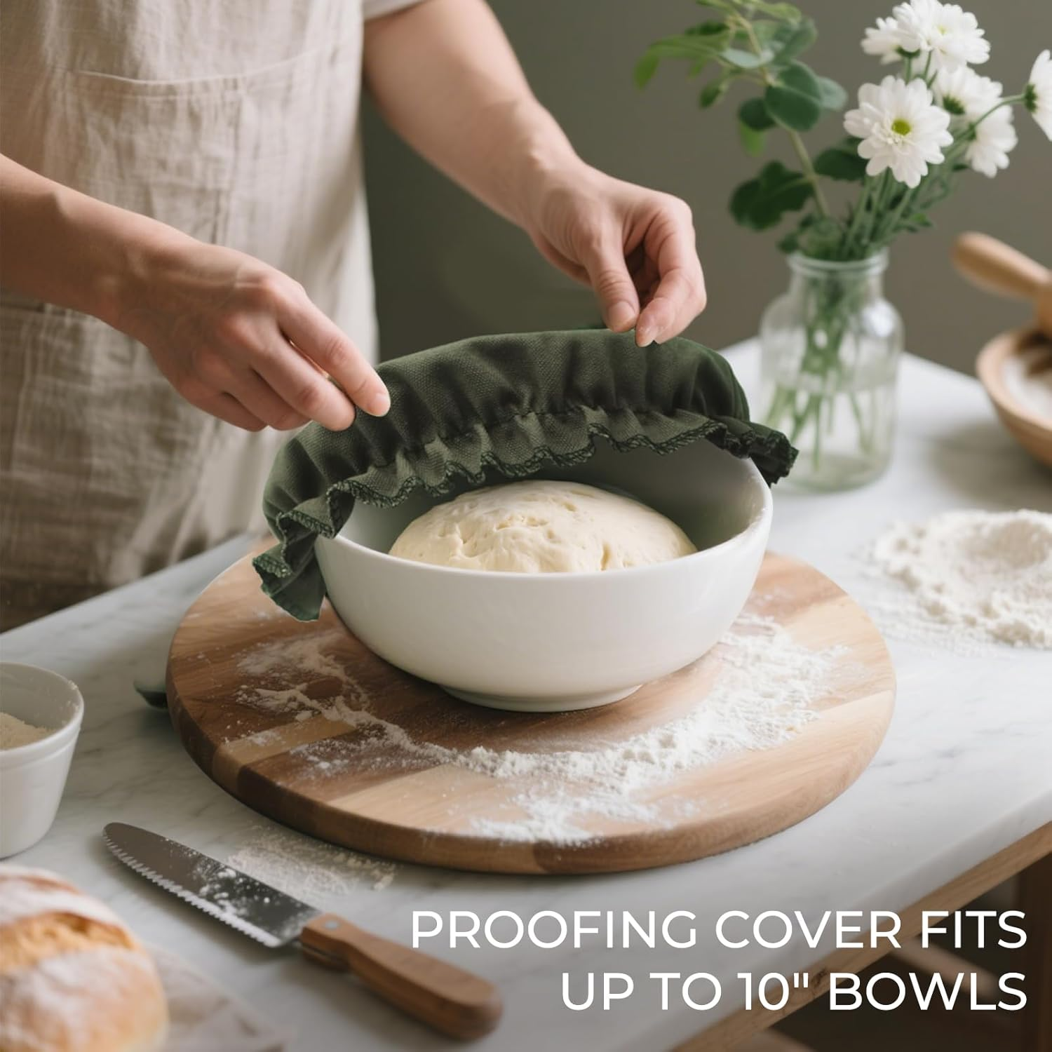 [2Pack+1] Bread Bags for Homemade Bread with Proofing Bowl Cover - Reusable Linen Sourdough Bread Storage Bag to Keep Sourdough Fresh, Easy to Clean image number 3