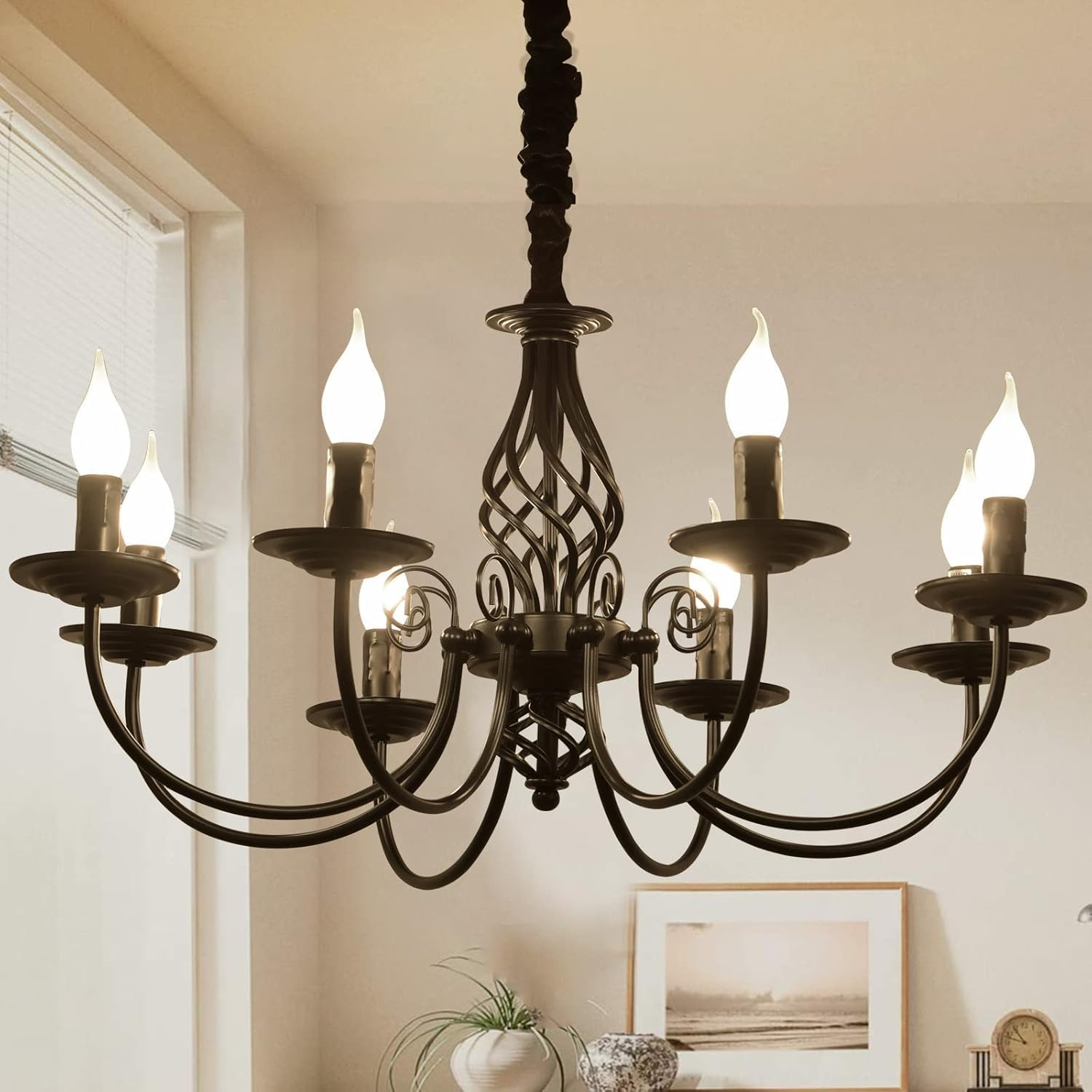 Ganeed 6-Light Farmhouse Chandeliers, Black Classic Candle Ceiling Pendant Light Fixture, Rustic Ceiling Chandelier for Kitchen Island, Foyer, Living Room, Dining Room - E14