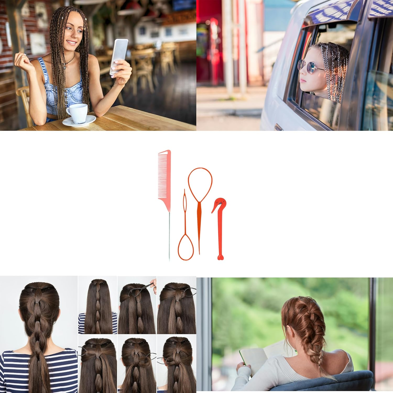4 Piece Hair Braiding Tool Kit Professional Hair Styling Set for Perfect Braids, Includes Hook, Comb, Clips, and Accessories Ideal for Beginners and Expert (Red) image number 6
