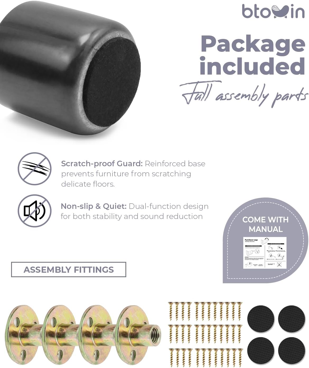 2 Inch Solid Wood Furniture Legs, Btowin 4Pcs Modern round Wooden Bun Feet with Threaded M8 Hanger Bolts & Mounting Plate & Screws for Sofa Couch Cabinet Bed image number 6