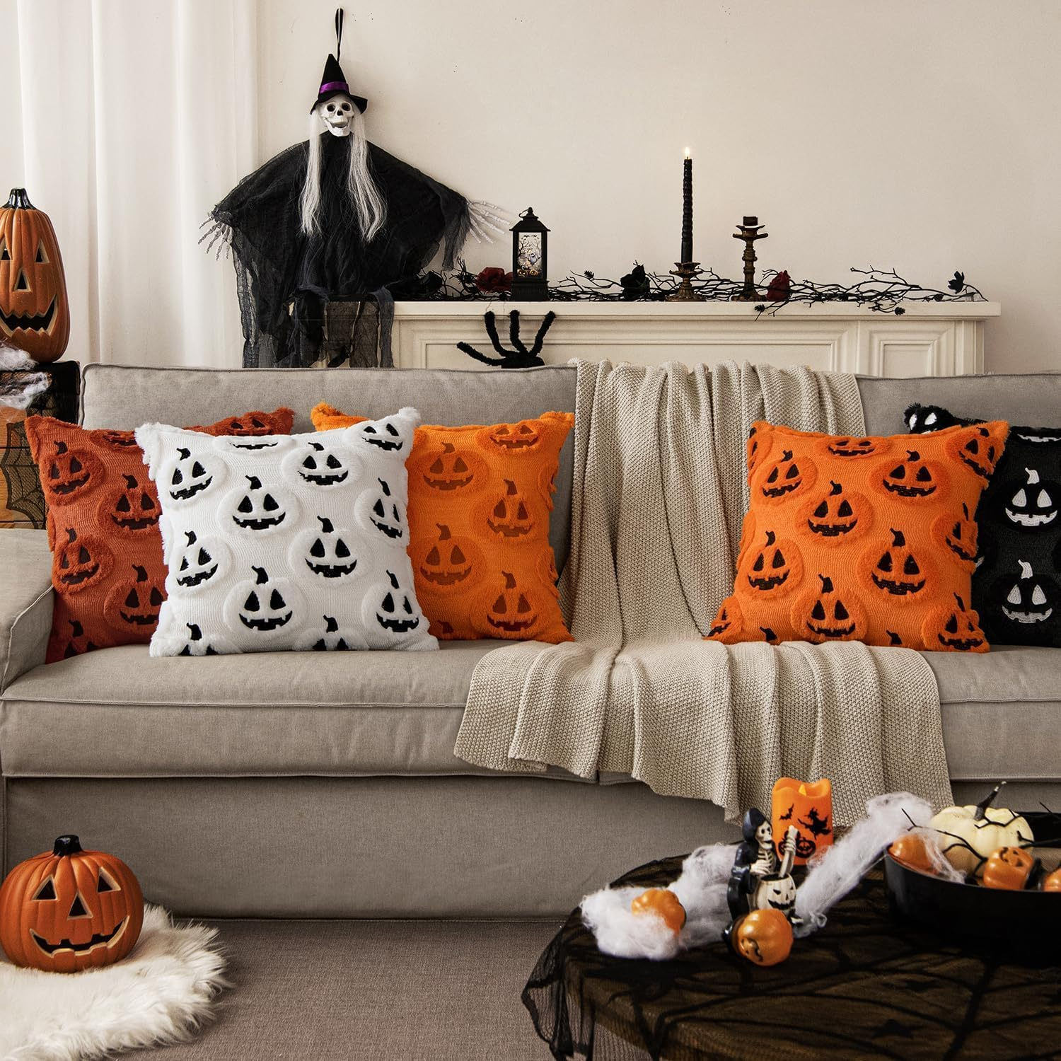 Pillow Covers: 2 Fall Pumpkin Throw Pillow Covers. Soft Plush, Pumpkin-Themed&mdash;Ideal for Autumn, Halloween/Thanksgiving Decor; Fits Home, Patio, Sofa, Couch(17.7&times;17.7In, Black) image number 3