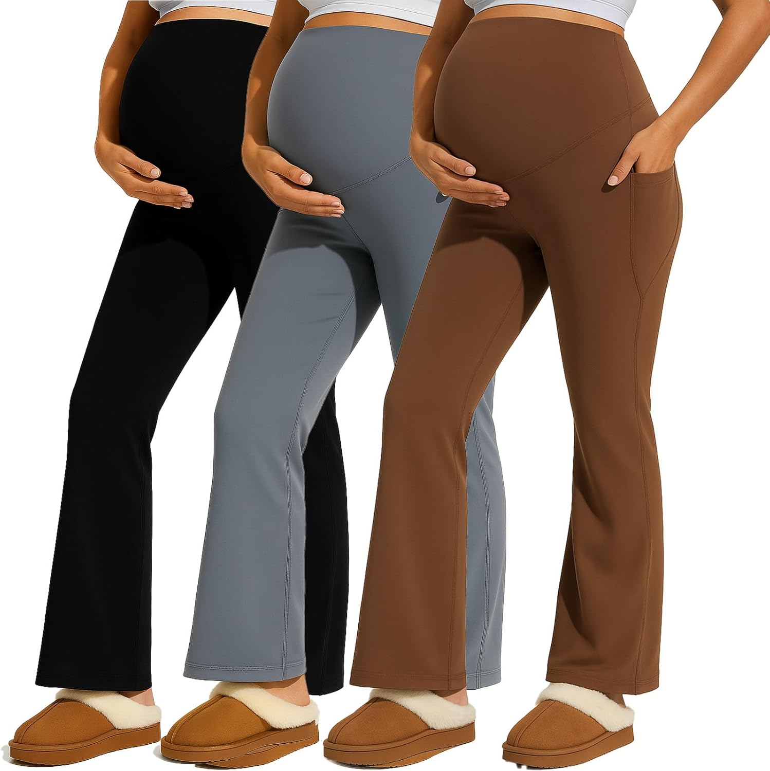 Coume 3 Pack Maternity Pants for Women Stretchy Pregnancy Flare Leggings with Pockets over the Belly Work Bootcut Yoga Pants