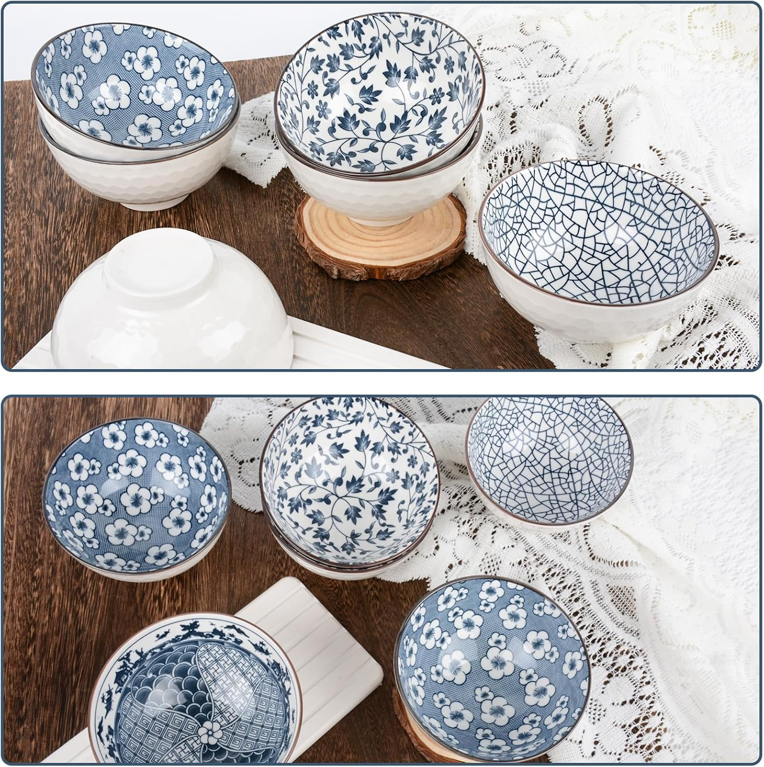 6 Pack Ceramic Bowls,Blue and White Japanese Ceramic Rice Bowls 10 Oz,Ideal for Cereal, Soup, Dessert, Snack, Fruit, Salsa