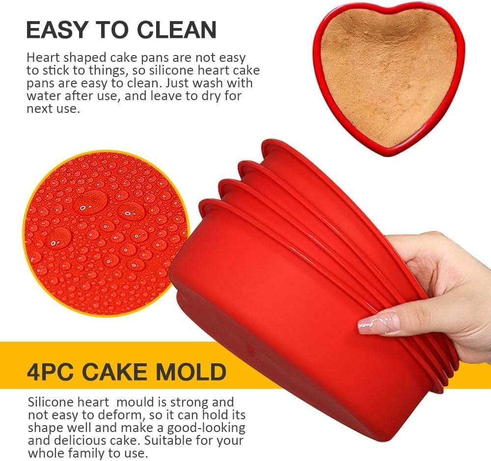 Silicone Cake Pan, 4 Inch Heart Shaped Silicone Baking Pan, Easy to Clean & Reusable Molds, Ideal for Cake Baking, 4PC Set image number 2