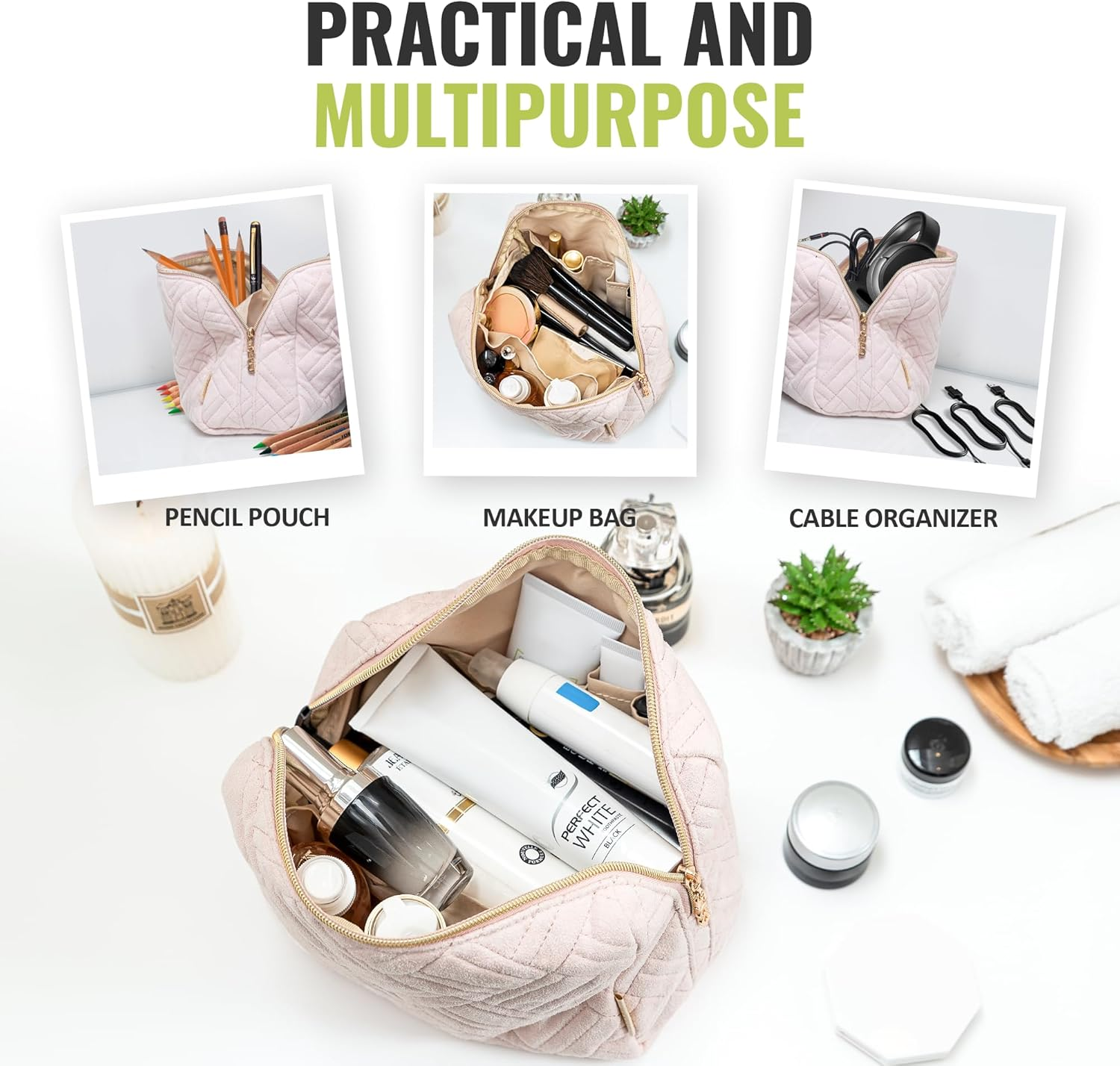 BOACAY Large Makeup Bag, Travel Cosmetic Pouch for Women, Girls & Kids, Zipper Toiletry Organizer for Purse, Kit Case for Accessories, Brushes image number 1