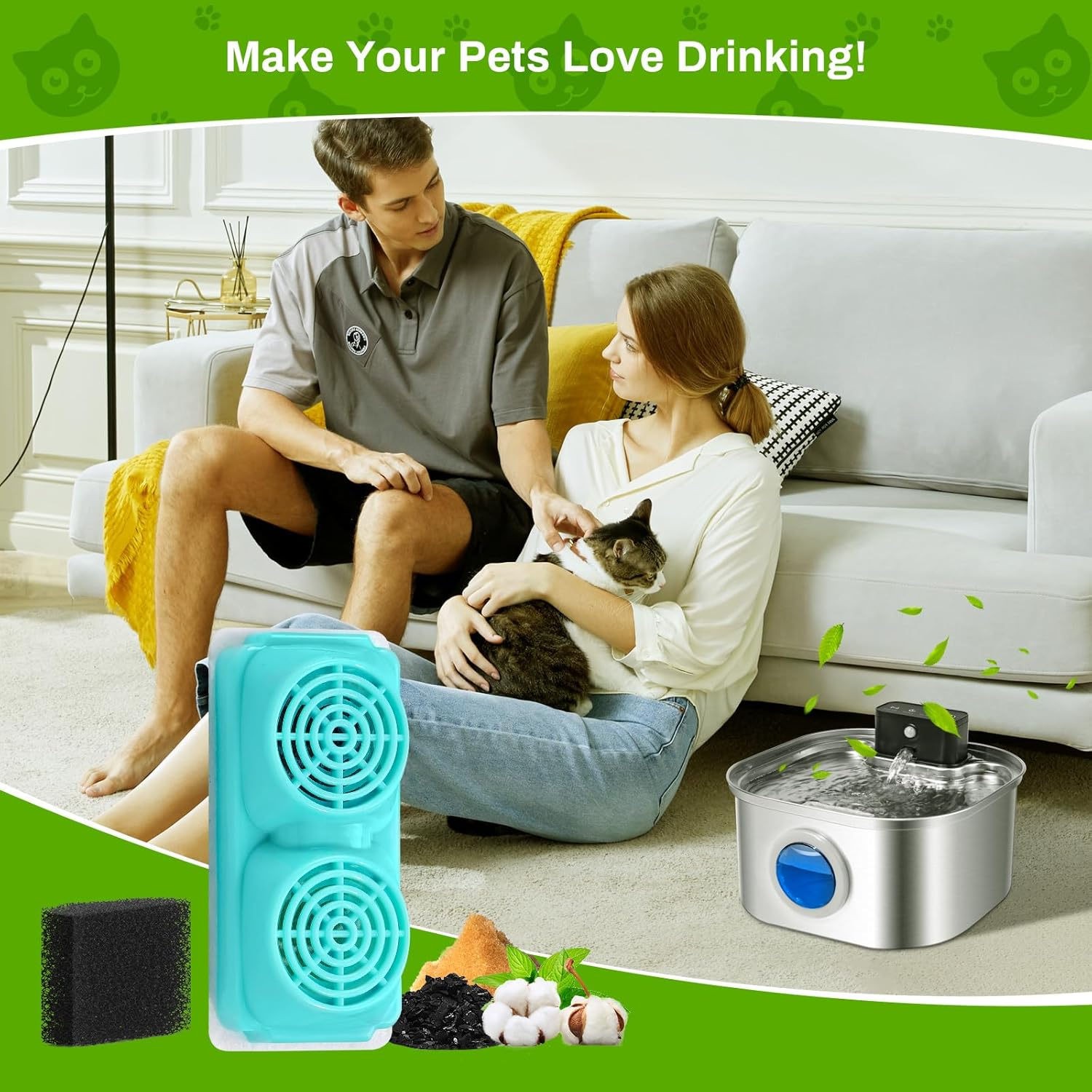 Cat Water Fountain Filters, 6 Pack Filter Replacement for 3.2L Wireless Cat Water Fountain, Cordless Pet Fountain Filter Replacement, Multiple Filtration Replacement Filters and Pre-Filter Sponge