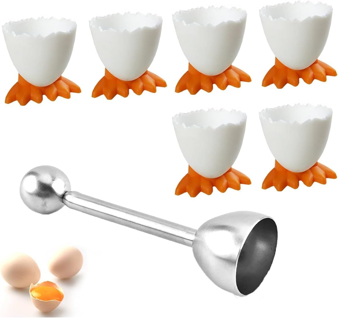 7 Pcs Egg Cups Set,Egg Cups and Stainless Steel Egg Opener Novelty Egg Cups Kids Egg Cups Holder Funny Egg Cups Egg Topper Egg Cups Stand Egg Cup Breakfast Set Egg Head Cup for Boiled Eggs