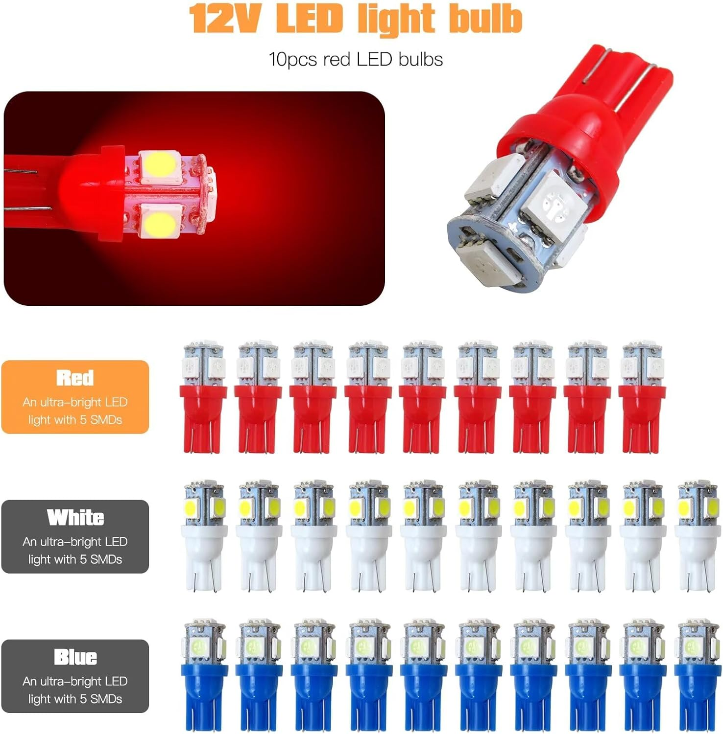 DOORYARD 10X Replacement for T10 5Smd 194 168 Light Bulb Wedge Tail Plate Parker 5050 Interior Globe Dash, 12 * 28Mm, 12V, Red - Red image number 4