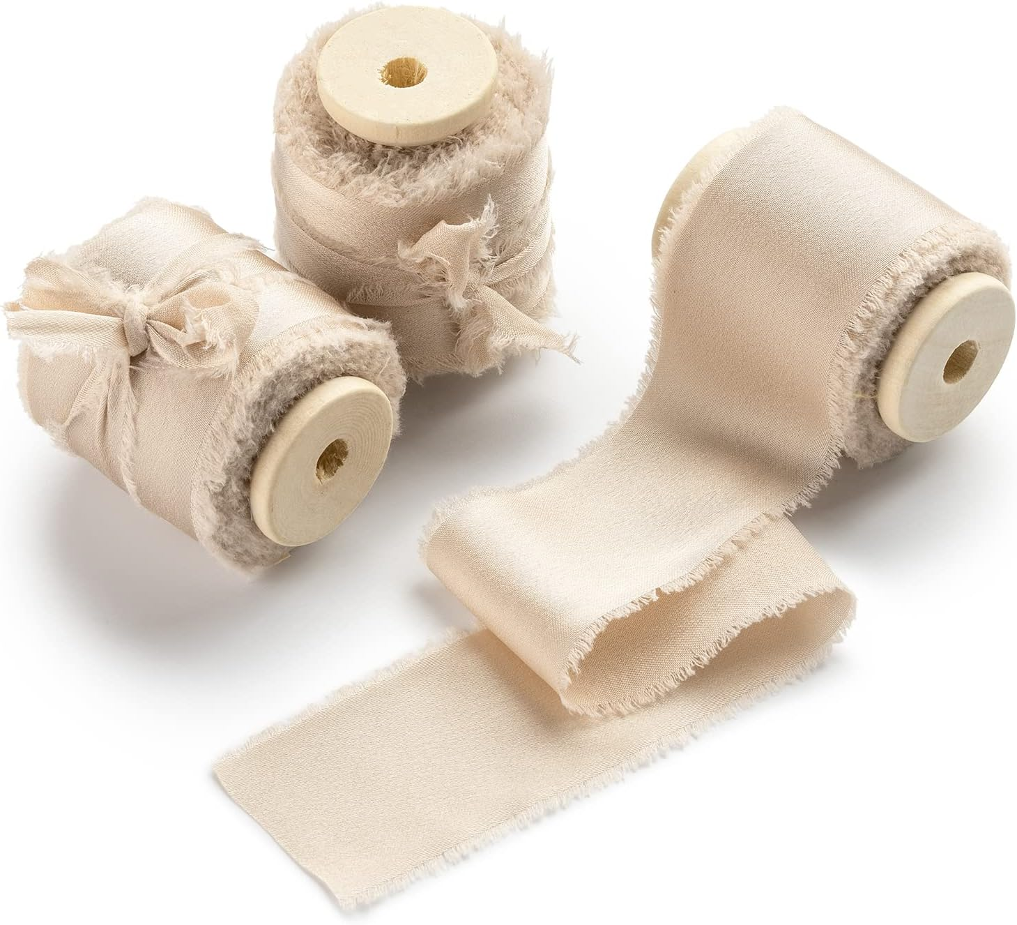 AOKSUNOVA Champagne Ribbon 3.8Cm Silk Satin Ribbon with Wooden Spool Handmade Frayed Ribbons for Gift Wrapping Flower Bouquet image number 2