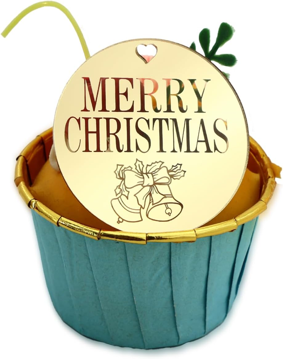 3 LITTLE DESSERTS Engraved Acrylic Cupcake Toppers - Set of 6 - Christmas Cupcake Toppers - Reusable Cupcake Discs - Christmas Cake Toppers - Christmas Party Decorations - Bell Christmas - Gold..