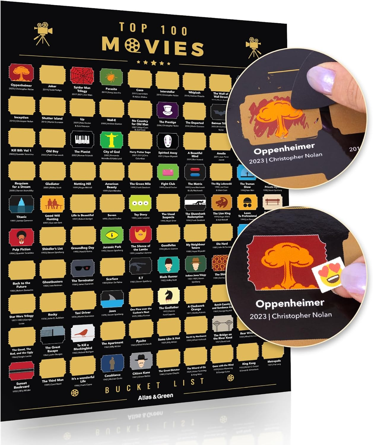 Atlas & Green Top 100 Movies Scratch off Poster | Bucket List Movie Poster | Top Films Scratch Poster + BONUS Accessories: Gift Tube, Scratch Tool & Review Stickers