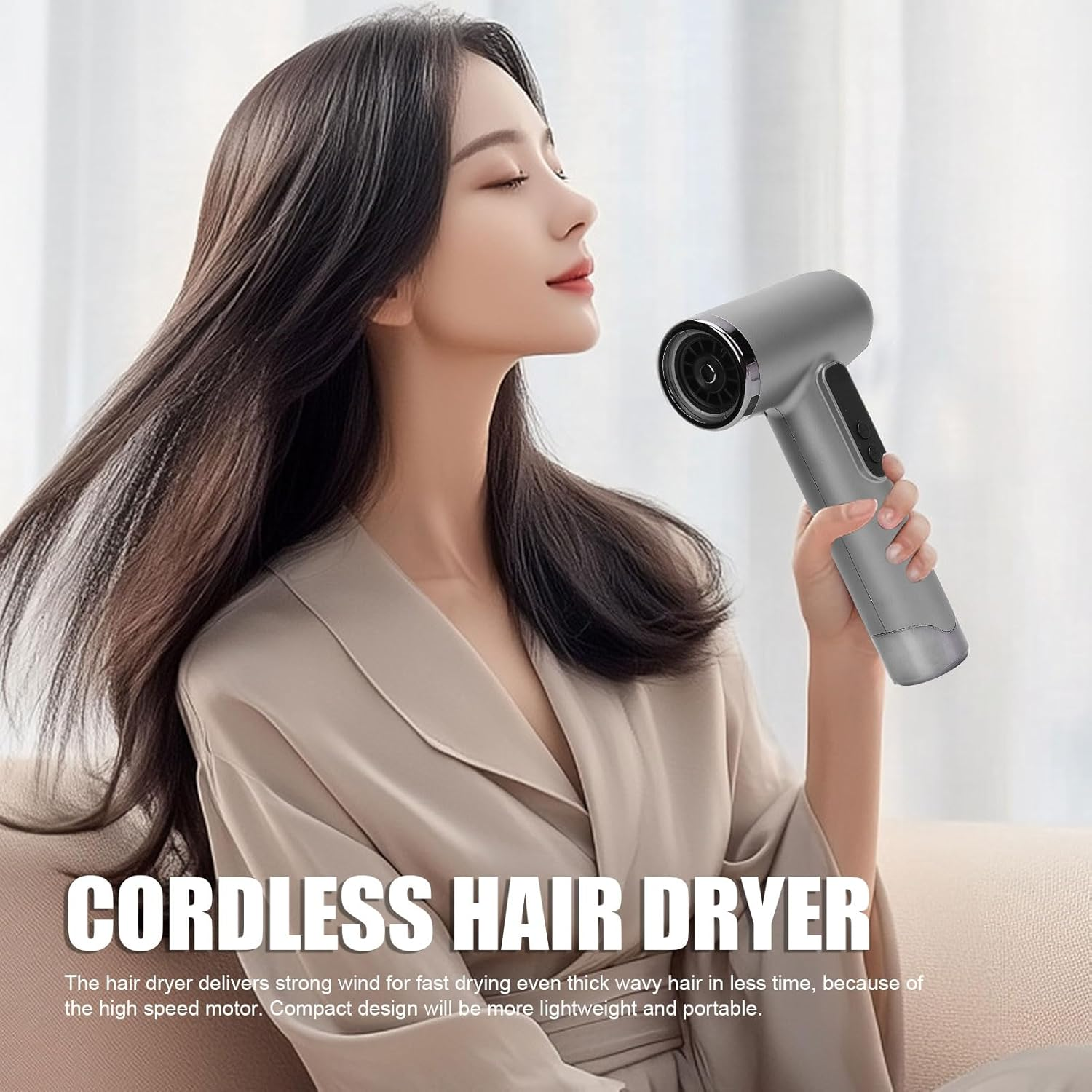 200W USB Rechargeable Hair Dryer - 100,000 RPM Cordless Blow Dryer with 15,000Mah Battery | Portable & Quiet for Travel, Dorm, Home | Fast Drying & Styling (Silver) image number 2