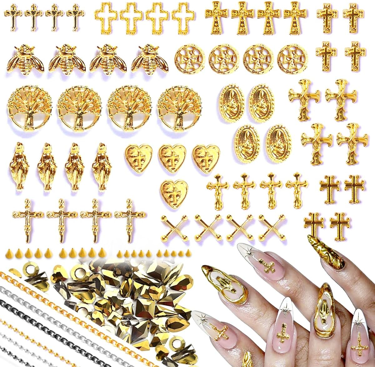 136Pcs 3D Nail Charms Rhinestones for Acrylic Nail Art Metal Nail Chains Gold Cross Heart Vintage Alloy Nail Rivet Studs Tip Punk Accessories Decoration Craft DIY image number 5