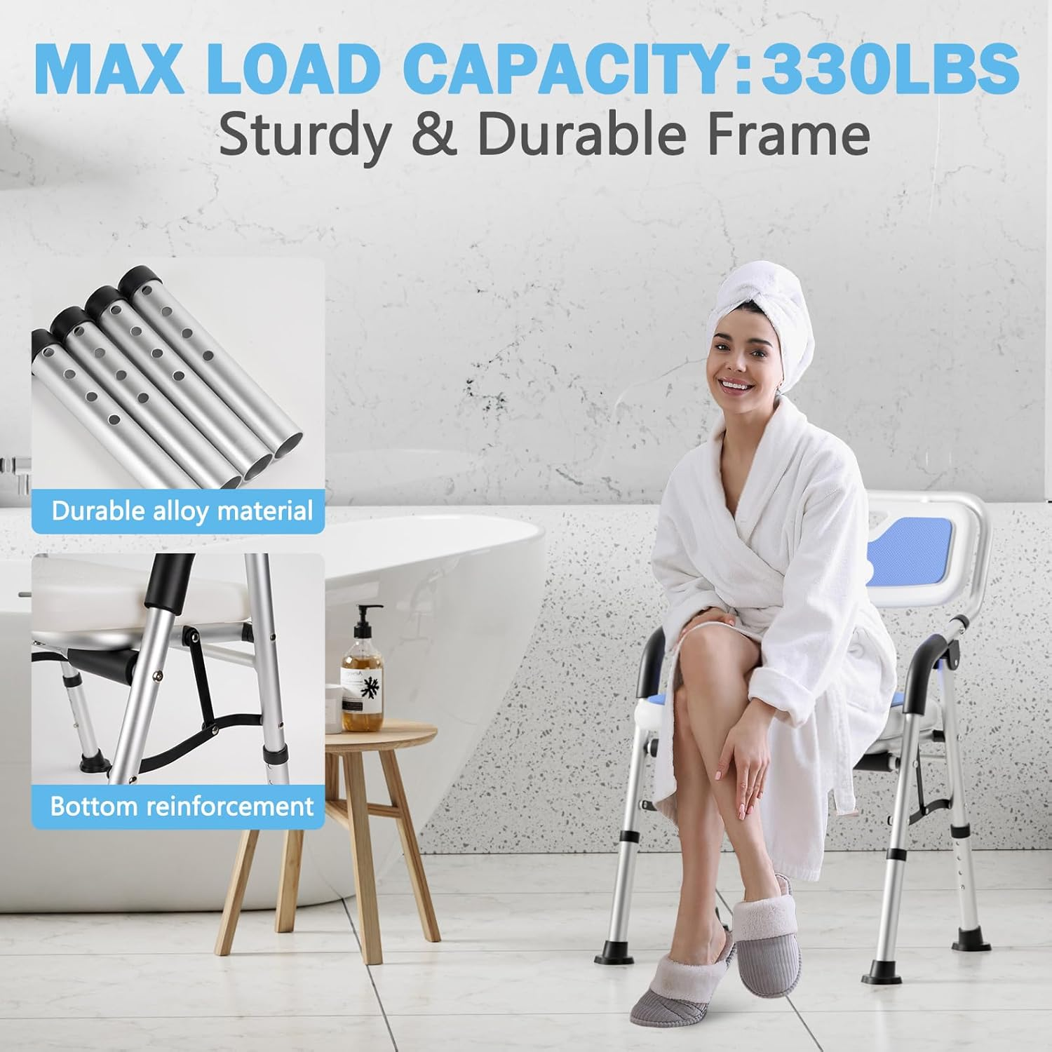 Shower Chair Adjustable U-Shaped Bath Chair Aluminum Alloy Frame Shower Stool with Back & Armrests for Elderly Disabled Bathroom, Hold up to 150 KG image number 4
