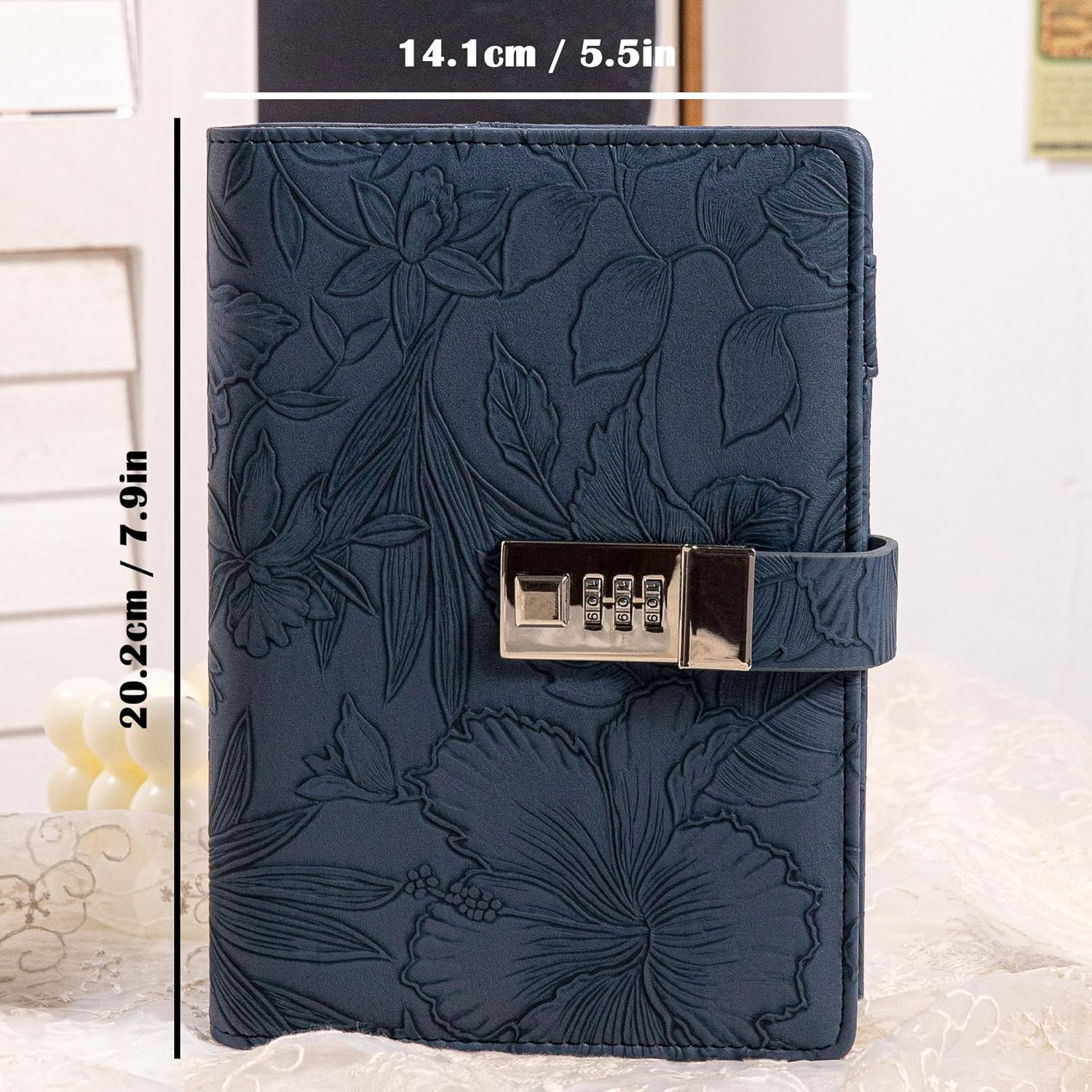 Diary with Lock for Women, 3D Embossed Journal with Lock, 224 Pages Wide Lined Notebooks, PU Leather with Pen and Stickers Planner Organizer for Women & Men - Deep Blue image number 2