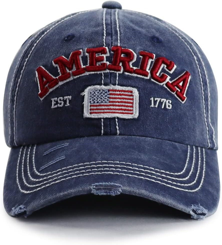 American Flag Hat for Men Women, Funny Adjustable Cotton Embroidered Distressed Baseball Cap
