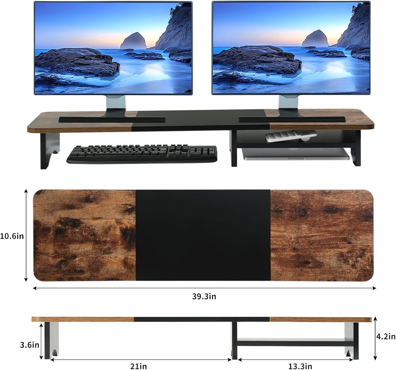 Monitor Stand with Drawer, Dual Monitor Stand Riser for Desk, Wooden Computer Monitor Stand & Desktop Shelf, Home Office Desk Accessories, 39.3"X10.6"X4.3" (Brown & Black)
