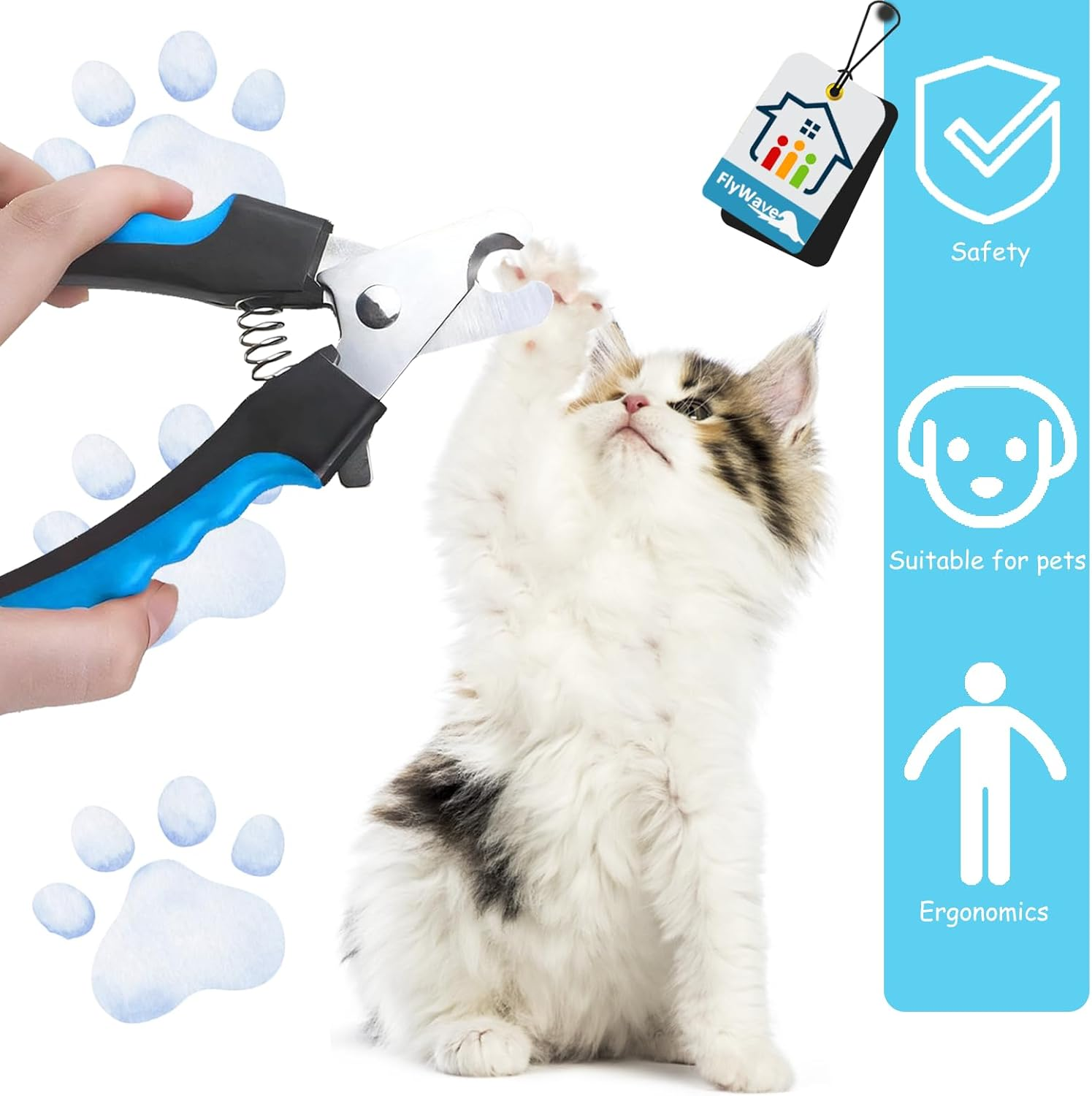 Flywave Claw Scissors for Cats and Dogs, Safe with Protection and Nail File, Ergonomic Design, Ideal for Small to Large Animals, Blue