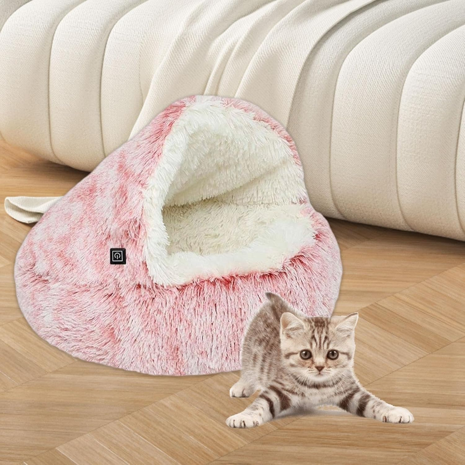MFMEXUL Heated Cat Bed, Semi-Enclosed round Puppy Nest, Autumn and Winter Pet Supplies Pad, Pink - Brown image number 6