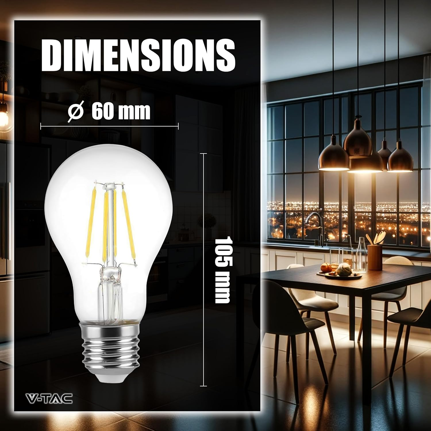 V-TAC 3 X LED Filament Bulbs E27-12W (Equivalent to 100W) A60-1521 Lumen &ndash; Vintage LED Glass Bulb &ndash; Maximum Efficiency and Energy Saving &ndash; 3000 K Warm White image number 2