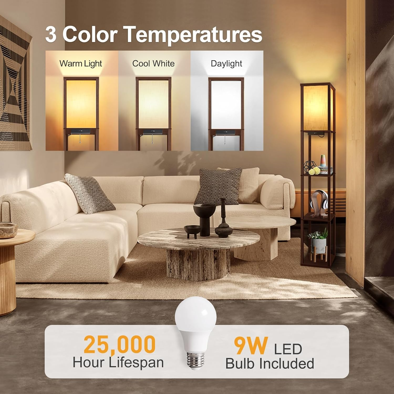 OUTON Floor Lamp with Shelves, LED Column Modern Floor Lamp with USB & Type C Port, 3 Color Temperatures, Wooden Standing Lamp with White Linen Shade for Living Room Bedroom Office (Walnut Brown) image number 4