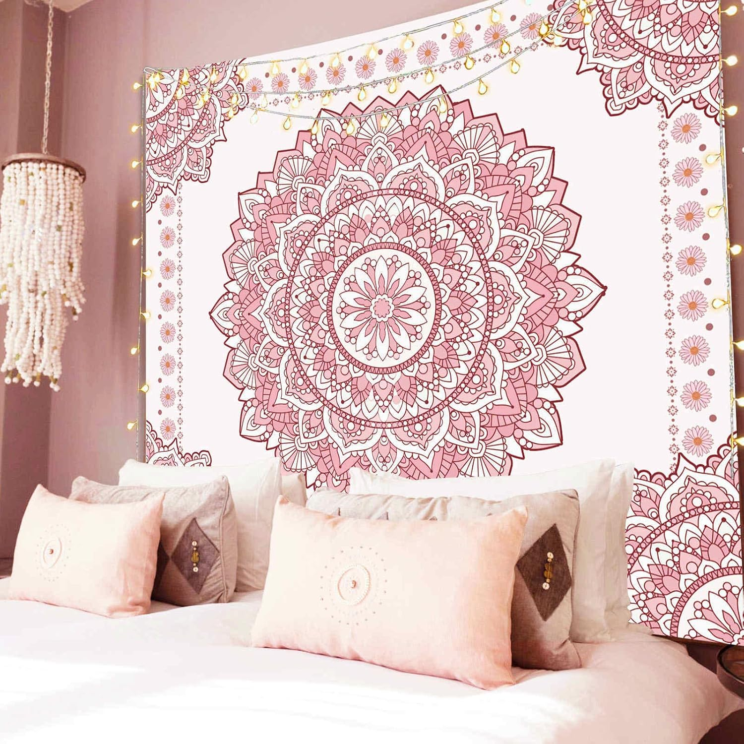 Boho Pink Mandala Wall Tapestry for Bedroom, White and Pink Aesthetic Tapestry Room Decor for Teen Girls, Art Floral Wall Hanging for College Dorm (51''X60'') image number 2