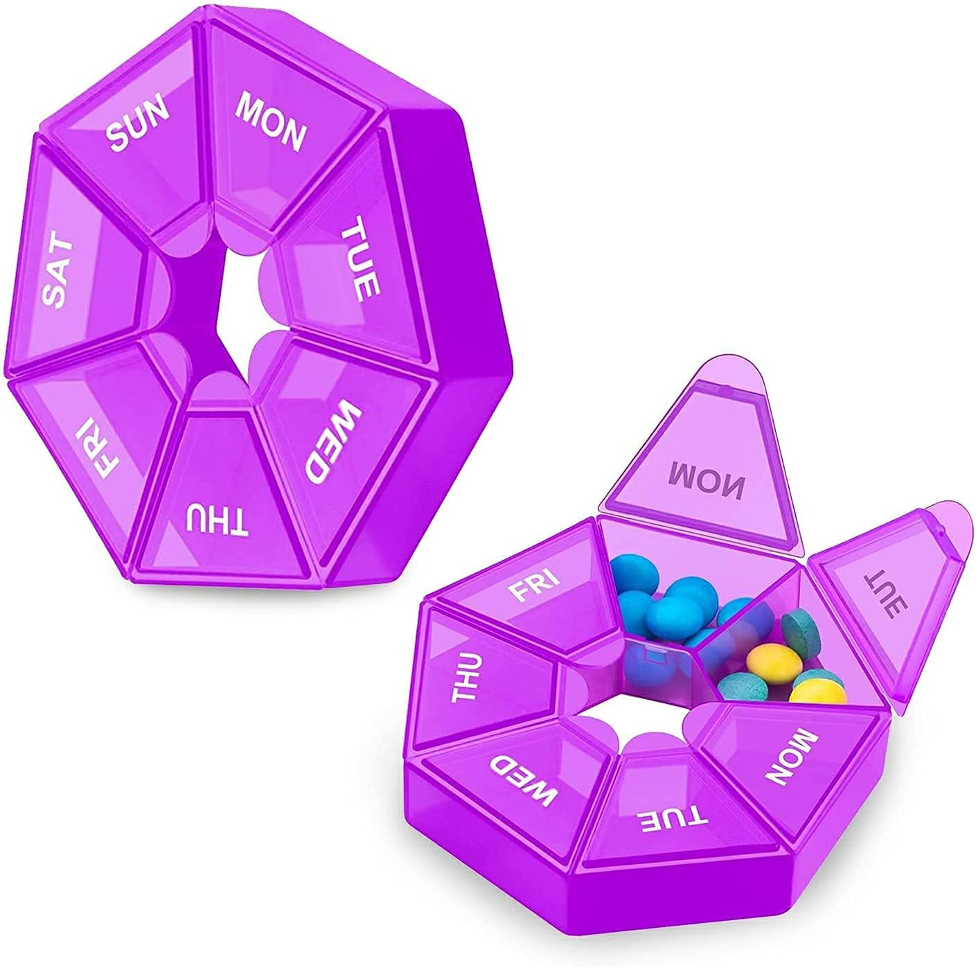 2Pcs 7-Sided Portable Pill Planner, Small Case - 7 Day Weekly Travel Container, Purple