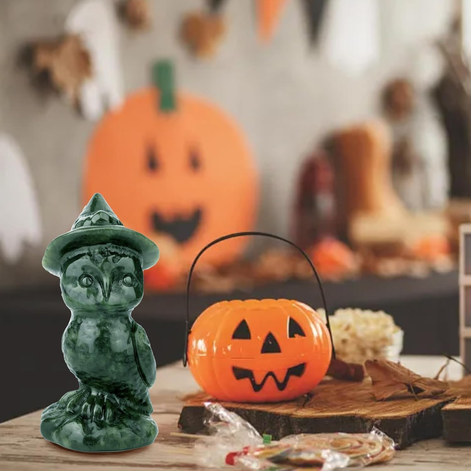 Gemshan Owl Statue for Halloween Decorations,Jade Animal Statue with Wizard Hat Sculpture Spooky Halloween Decor for Home Table Tray Shelf image number 2