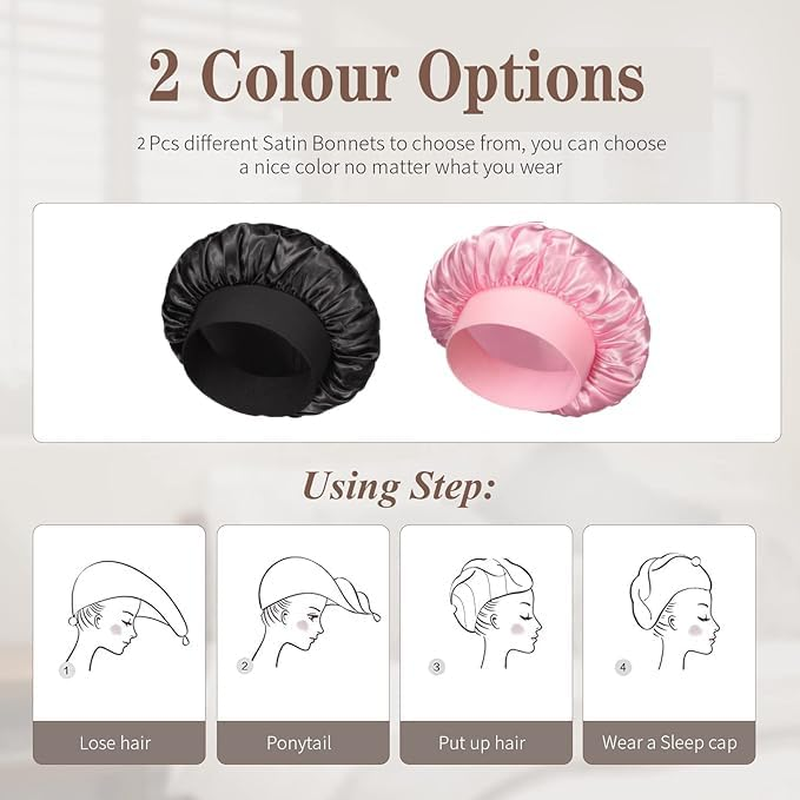 Hroevc 2PCS Silk Bonnet Satin Bonnet, Silk Hair Wrap for Sleeping, Soft and Comfortable Sleep Cap (Black+Pink) - Pink image number 6