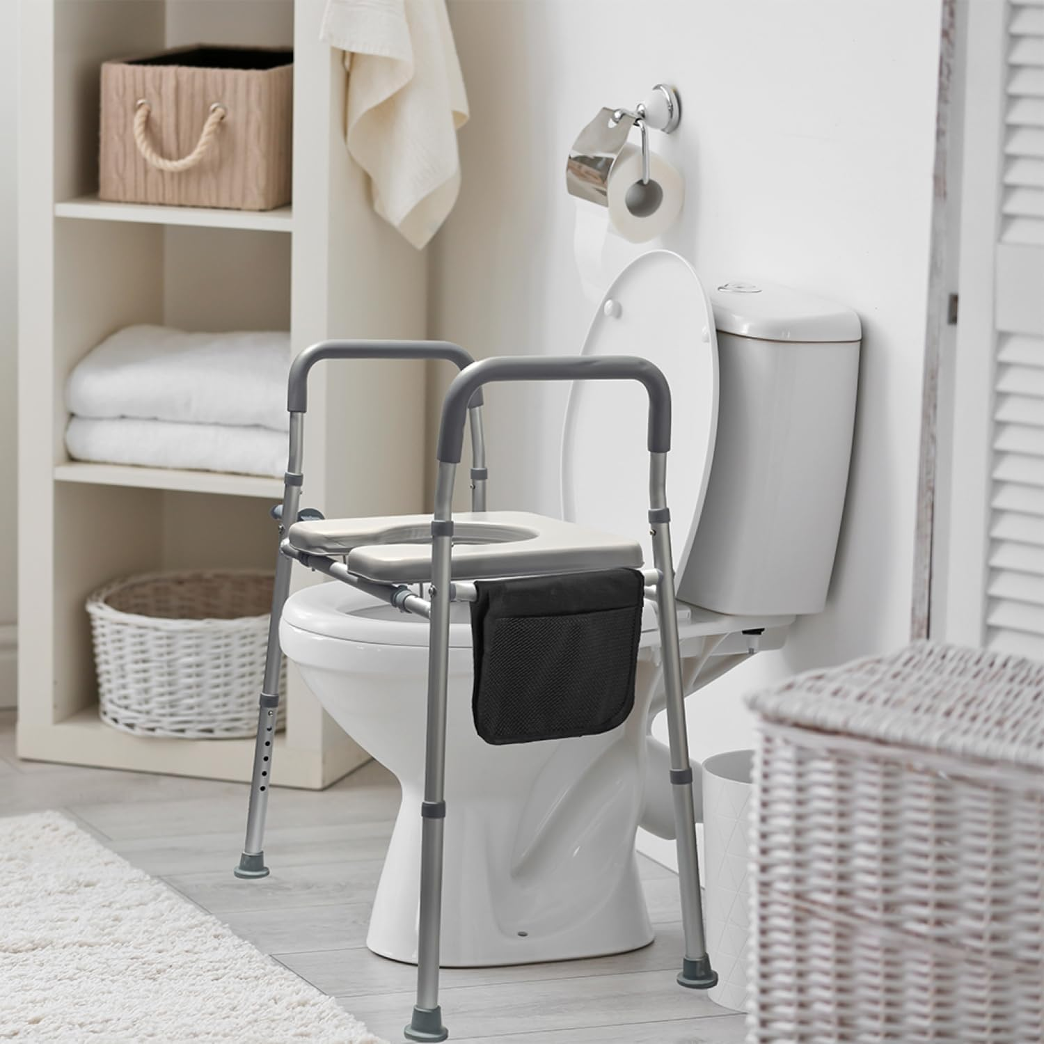 Toilet Seat Riser for Seniors with Adjustable,With Toilet Seat Handles and Storage Pouch Bedpan,Handicap Elevated Toilet Seat for Elderly and Most Toilet ﻿