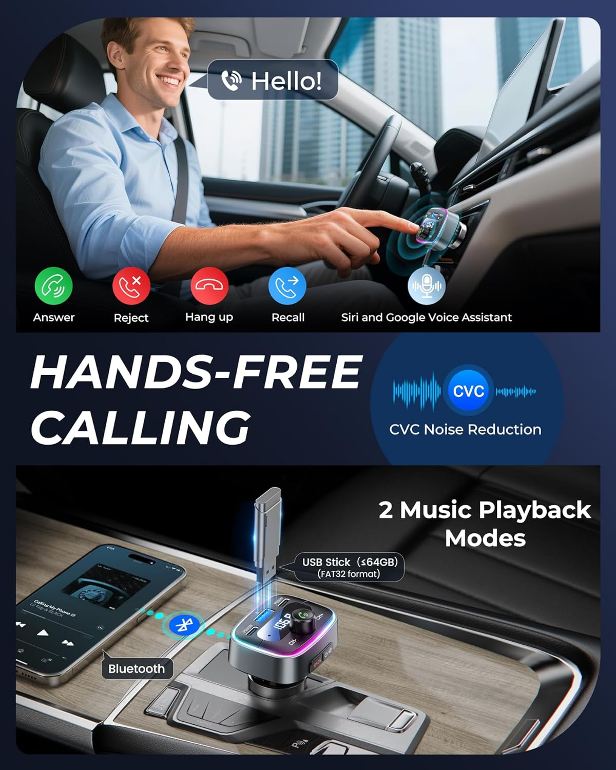 LENCENT Bluetooth 5.4 FM Transmitter Car Bluetooth Adapter, 60W PD 30W Dual USB-C Fast Charge, Car Music Adapter, Hands-Free Calling, 7-Colour LED Backlight and USB Stick image number 6