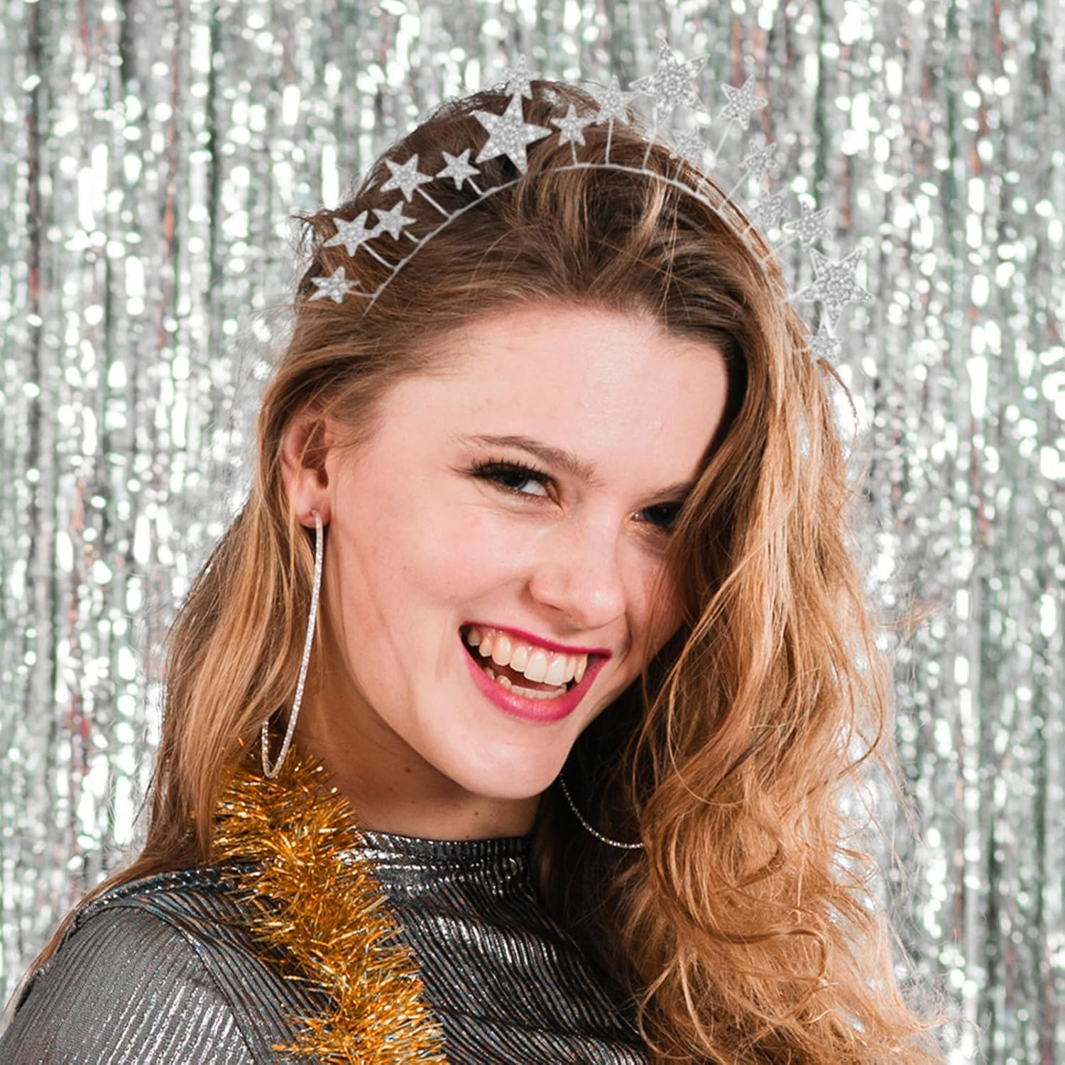 LOGOFUN 3Pcs Sparkling Rhinestone Five-Point Star Headband Silver Zinc Alloy Single Welded for Women Party Wedding Celebrations image number 2