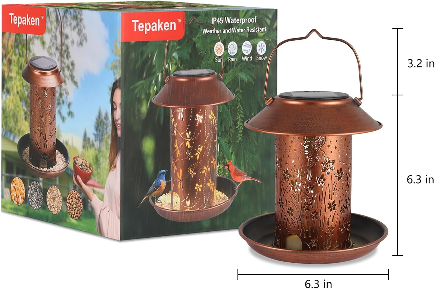 Solar Bird Feeder for Outdoor Hanging Garden Lantern Metal Waterproof Wild Birdfeeder for Cardinals Metal Decor Lanterns as Gifts for Mom Grandma Women（ Hummingbirds Pattern - 07-Golden image number 5
