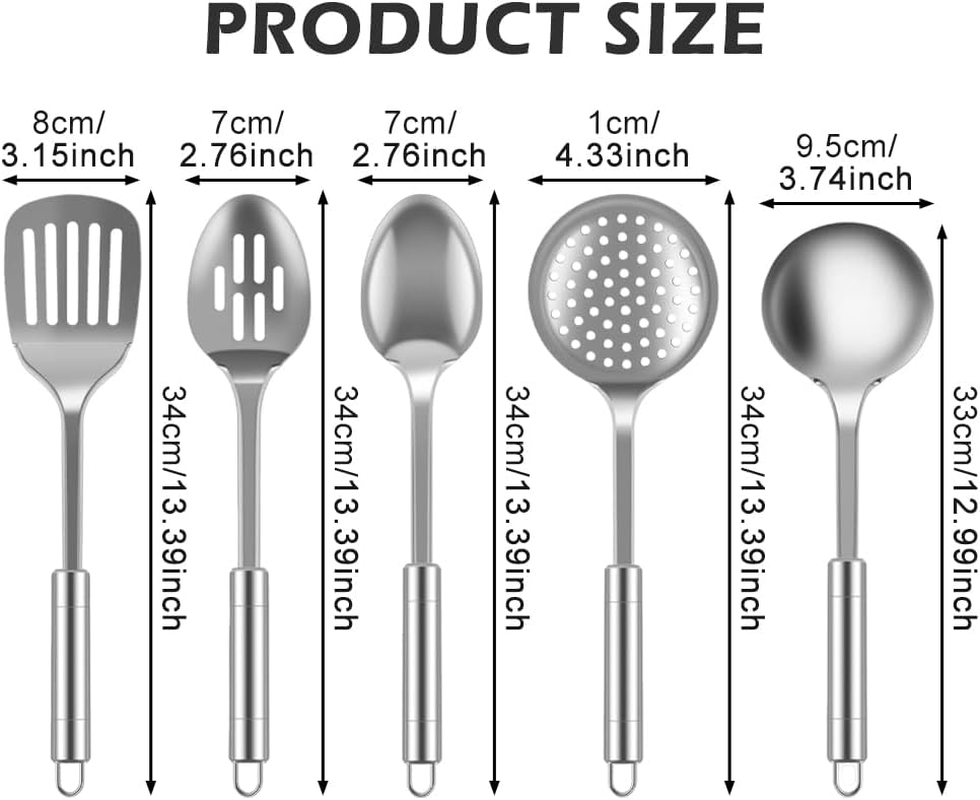 5 Pcs Stainless Steel Cooking Utensils Set,Kitchen Tools Set,Professional Cooking Spoons with Strainer Spoon/Soup Ladle/Slotted Spatula/Dense Spoon/Large round Strainer Spoon image number 5