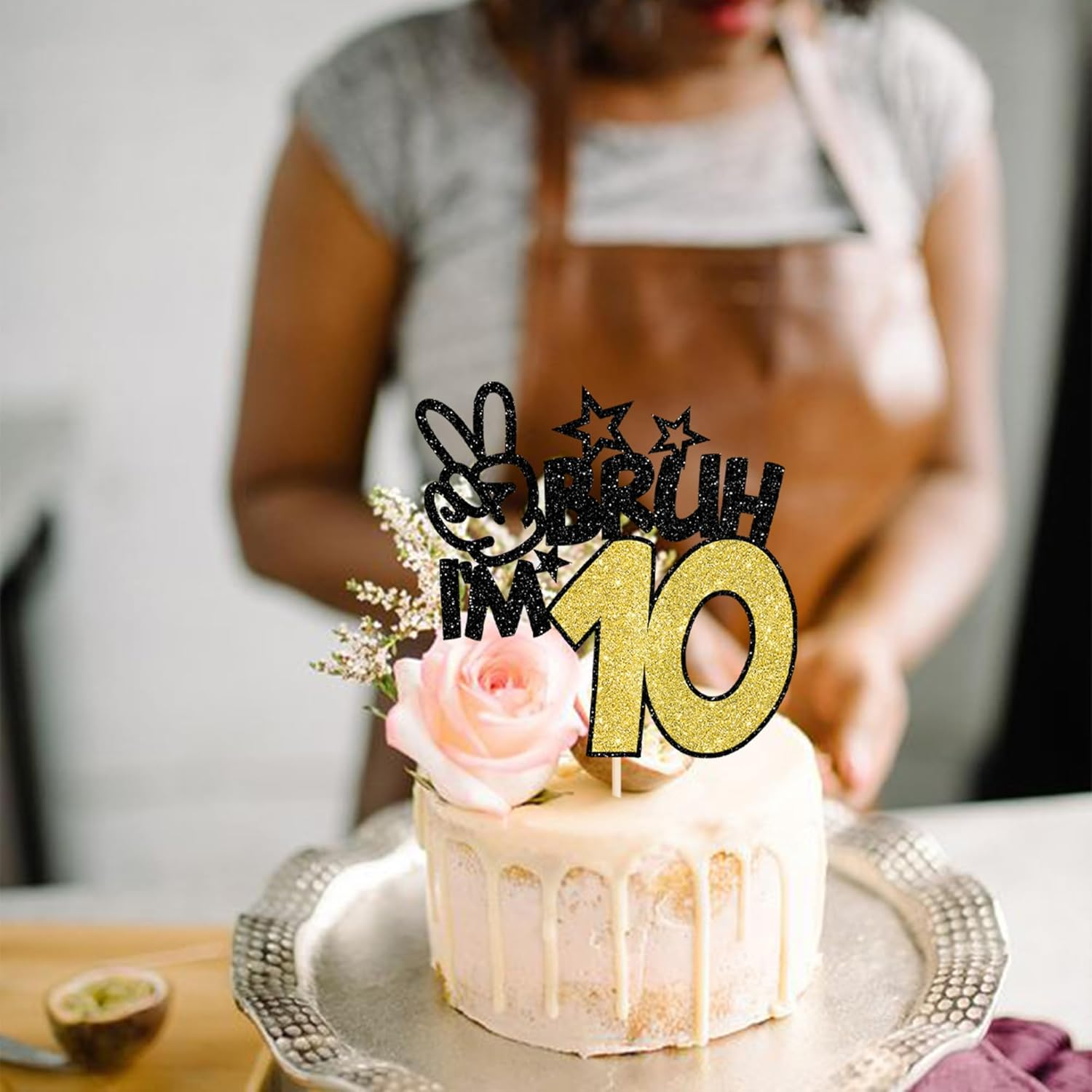 1 Pack Black Glitter Bruh I'M 10 Cake Topper Glitter Happy 10Th Birthday Cake Pick Funny 10Th Birthday Cake Decorations Party Supplies (Black Gold, 10Th 01)