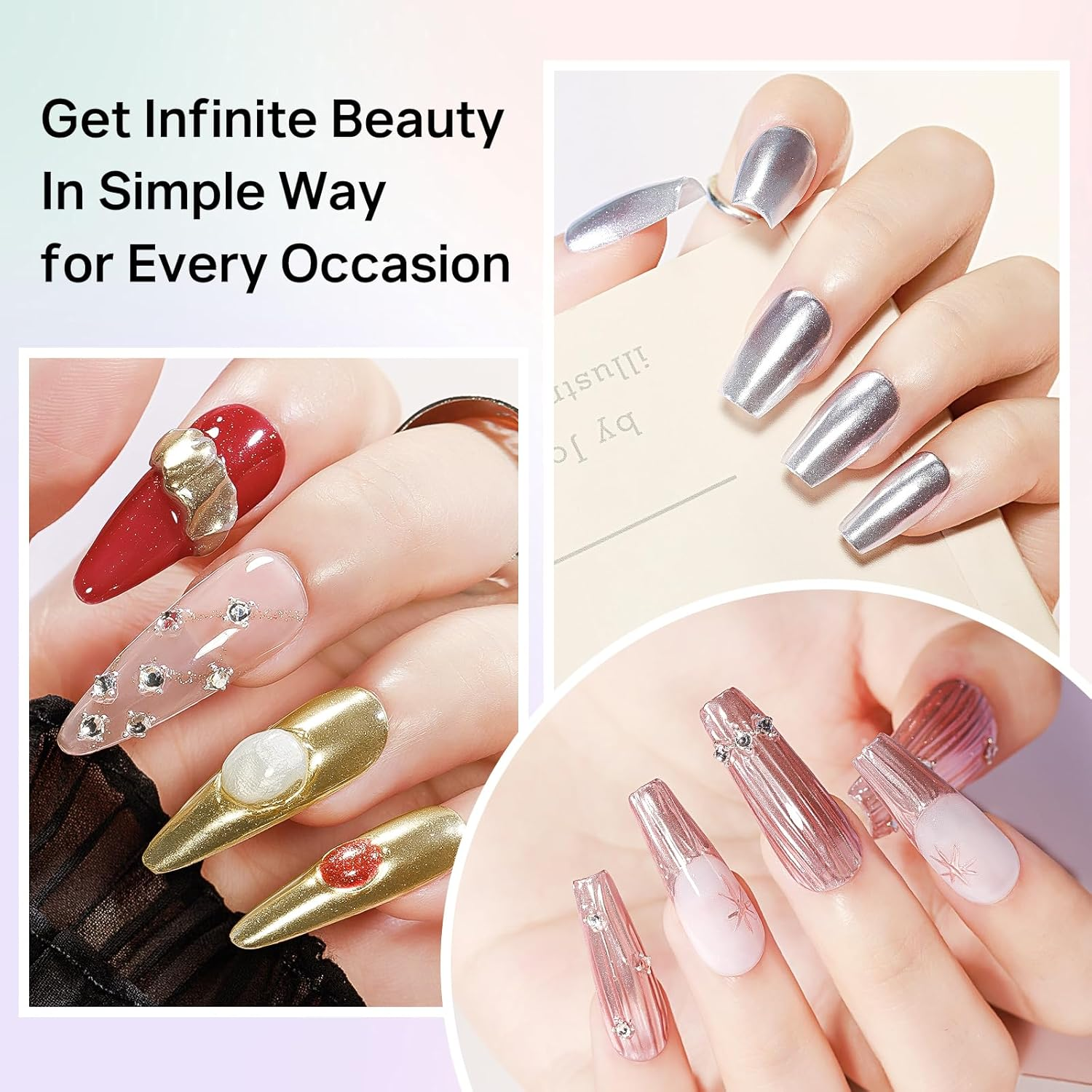 MIZHSE Chrome Nail Powder Wirh Applicators Gold Silver Mirror Effect 4 Colors Holographic Manicure Nail Art for Gel Nails Decoration Glitter Cromer Nail Powder for Home DIY Salon Use image number 4