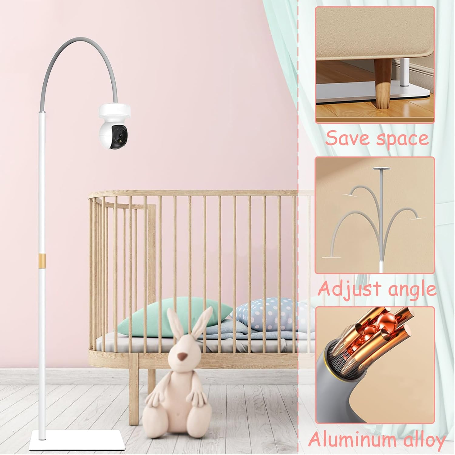 Baby Monitor Floor Stand Holder Compatible with Infant Optics DXR-8 Pro, Motorola, VAVA, Owlet, Arlo & Others with 1/4" Screw Mount, Adjustable Height Stand Holder, Universal & Fixed Safety Mount image number 2