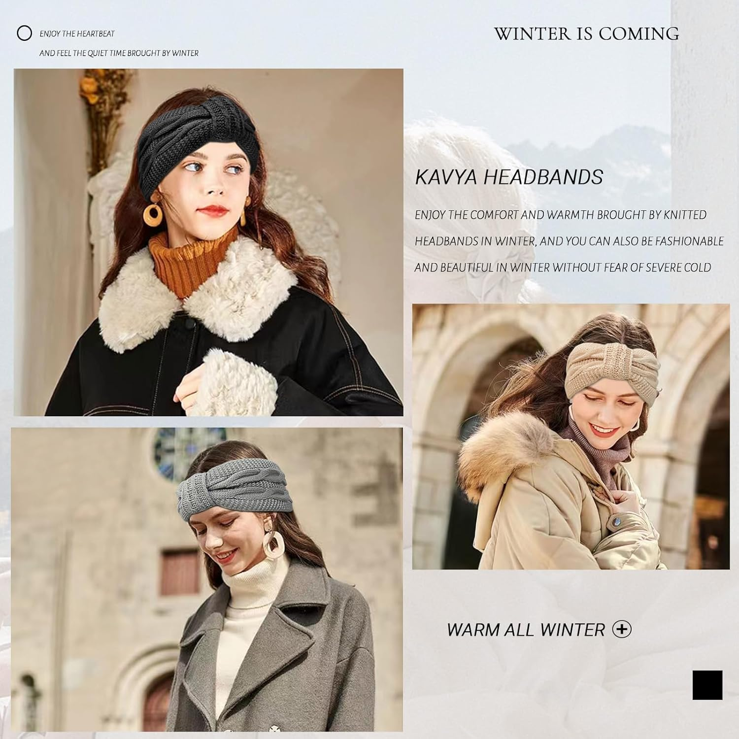 Kavya 3 Pcs Winter Cable Knit Headbands, Ear Warmer Headband for Women Thick Hair Bands for Women, Crochet Knitted Head Bands Adult Women Soft Head Wrap-A image number 3