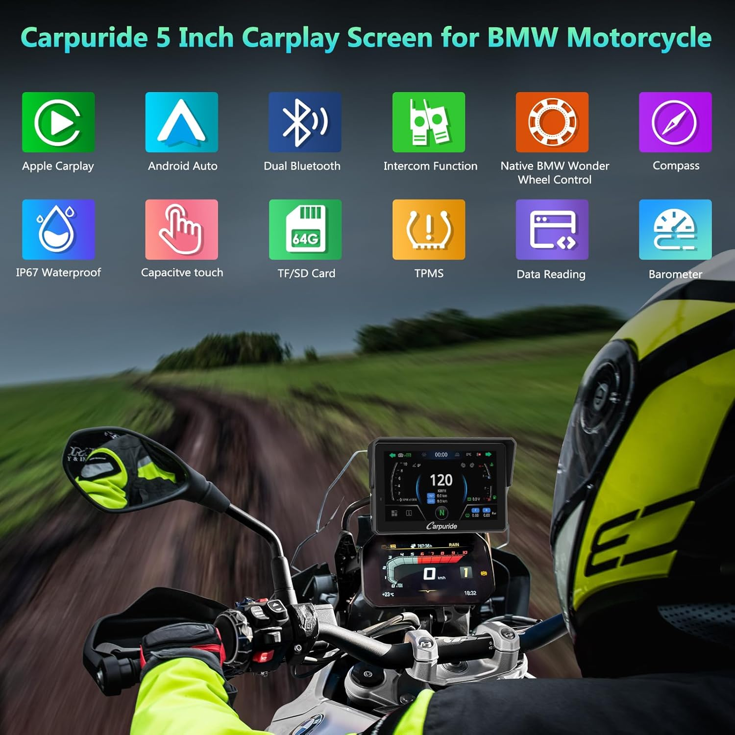 CARPURIDE W502BS PRO for BMW Motorcycle Carplay & Android Auto Dual Bluetooth, 5" Waterproof GPS Navigation Screen, Data Reading, Native Wonder, TPMS, Light Sensor, Music Sharing, Intercom, 16-Pin image number 1