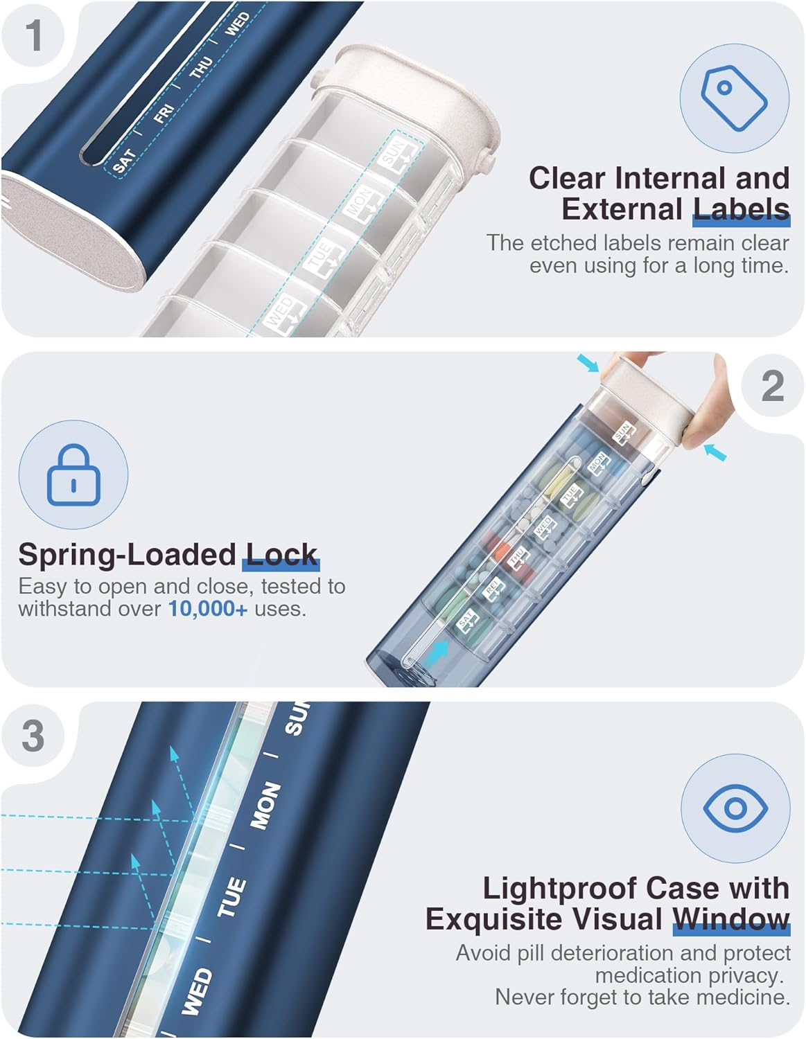 Zannaki Metal Weekly Pill Organizer, Aluminum Daily Pill Box, 7 Day Portable Travel Pill Case, Large Capacity Pill Holder Container for Pills, Medicines, Vitamins, Fish Oil, Supplements, Dark Blue image number 4