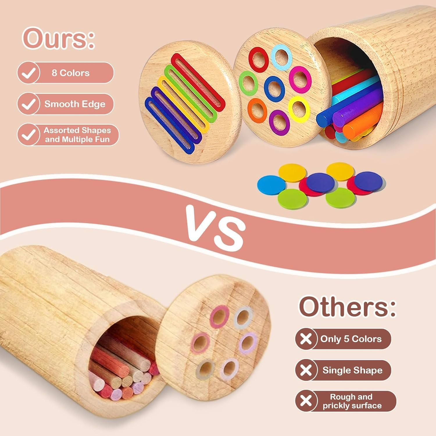 TUNJEJINY Montessori Toys for 1-3 Year Old, Dual Play Wooden Color Sorting Toys Preschool Learning Activities, Fine Motor Sensory Matching Games for Toddlers 3-5 Girl Boy Gifts