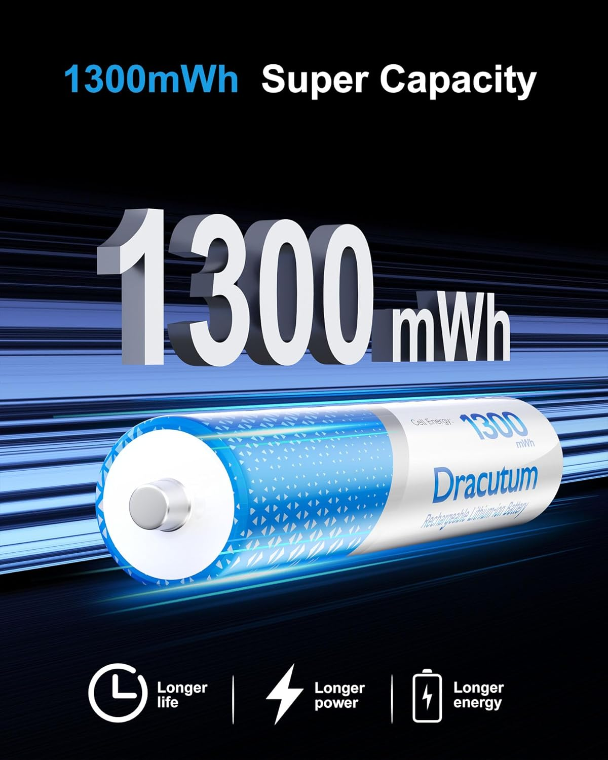 Dracutum AAA Rechargeable Batteries Lithium 8 Pack with Fast Charger - 1300Mwh High Capacity 1.5V Constant Output Rechargeable AAA Batteries, 2000 Cycles Long-Lasting Li-Ion Triple a Batteries image number 6